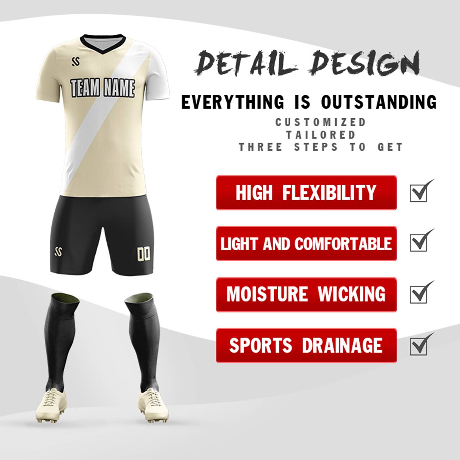 Custom Cream White Casual Printing Sportswear Soccer Sets Jersey