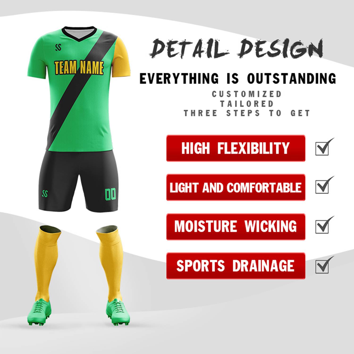 Custom Green Yellow Casuall Printing Sportswear Soccer Sets Jersey