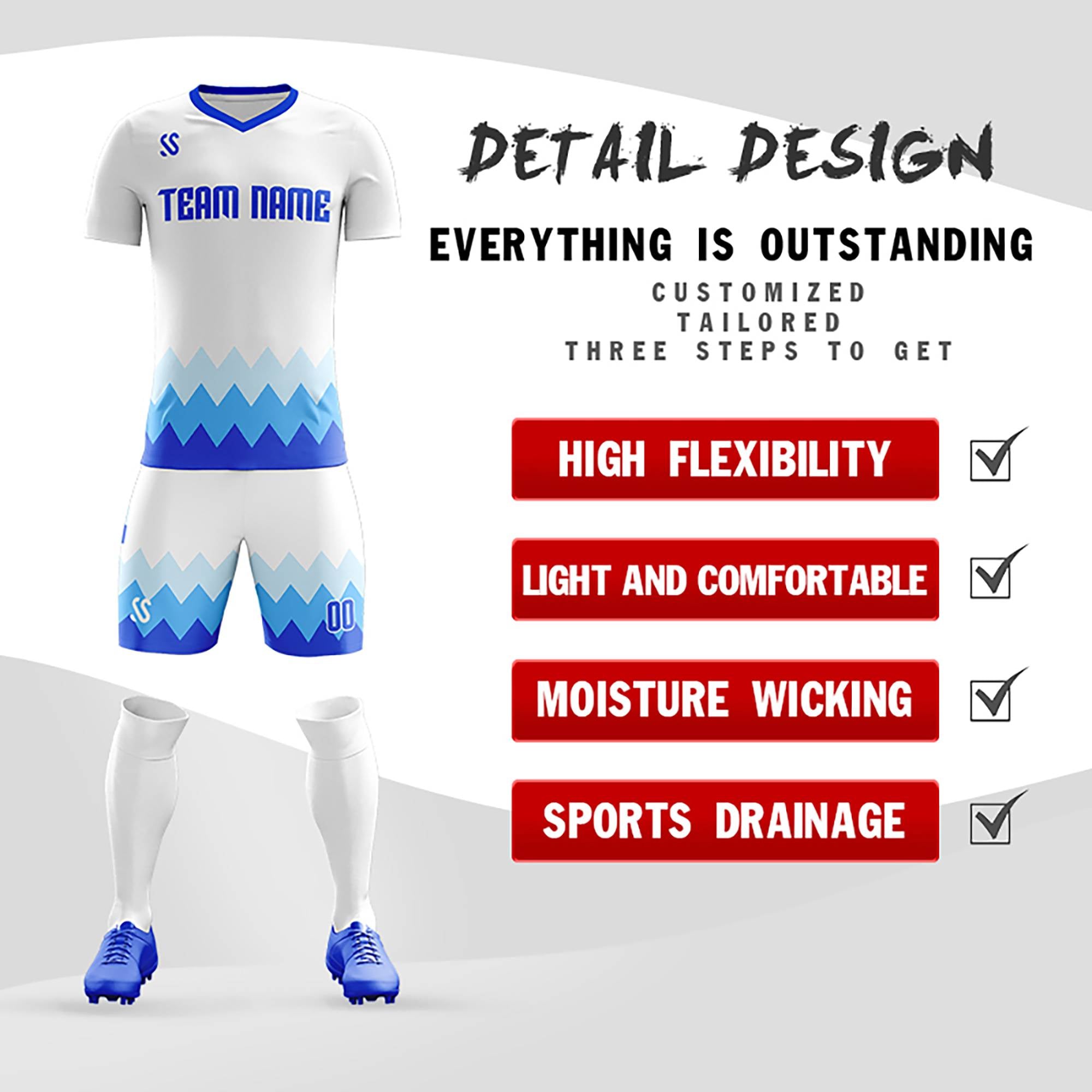 Custom White Royal Printing Sportswear Soccer Sets Jersey