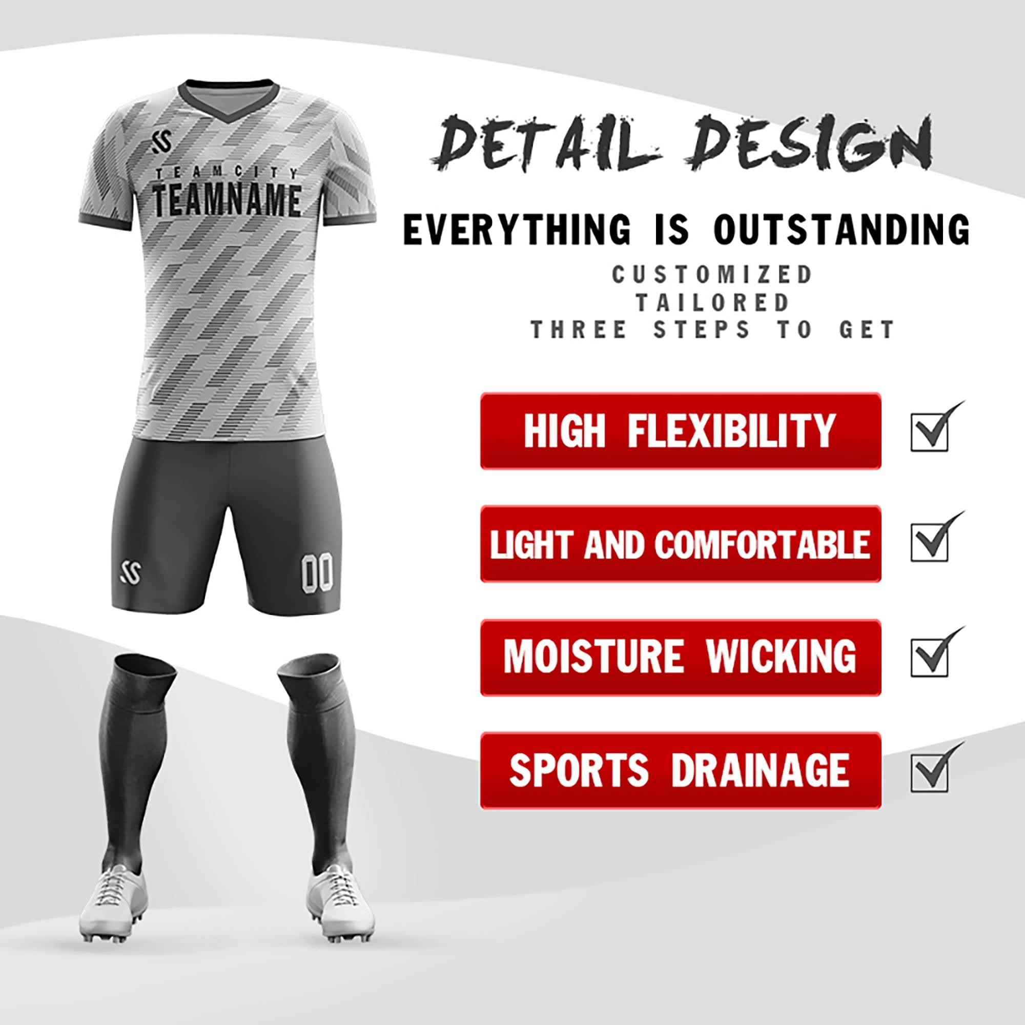 Custom Gray Printing Outdoor Tracksuit Soccer Sets Jersey