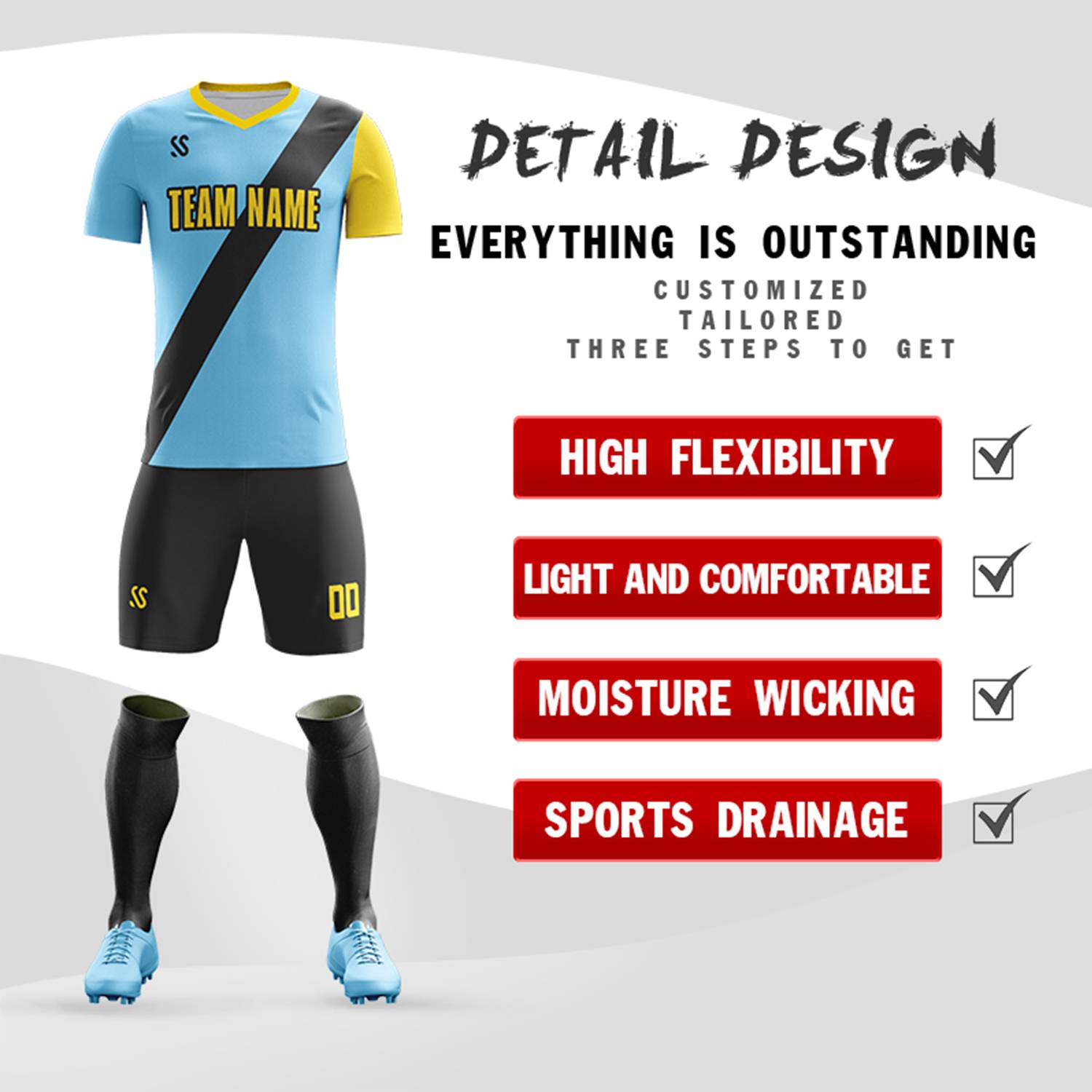 Custom Light Blue Yellow Casual Printing Sportswear Soccer Sets Jersey