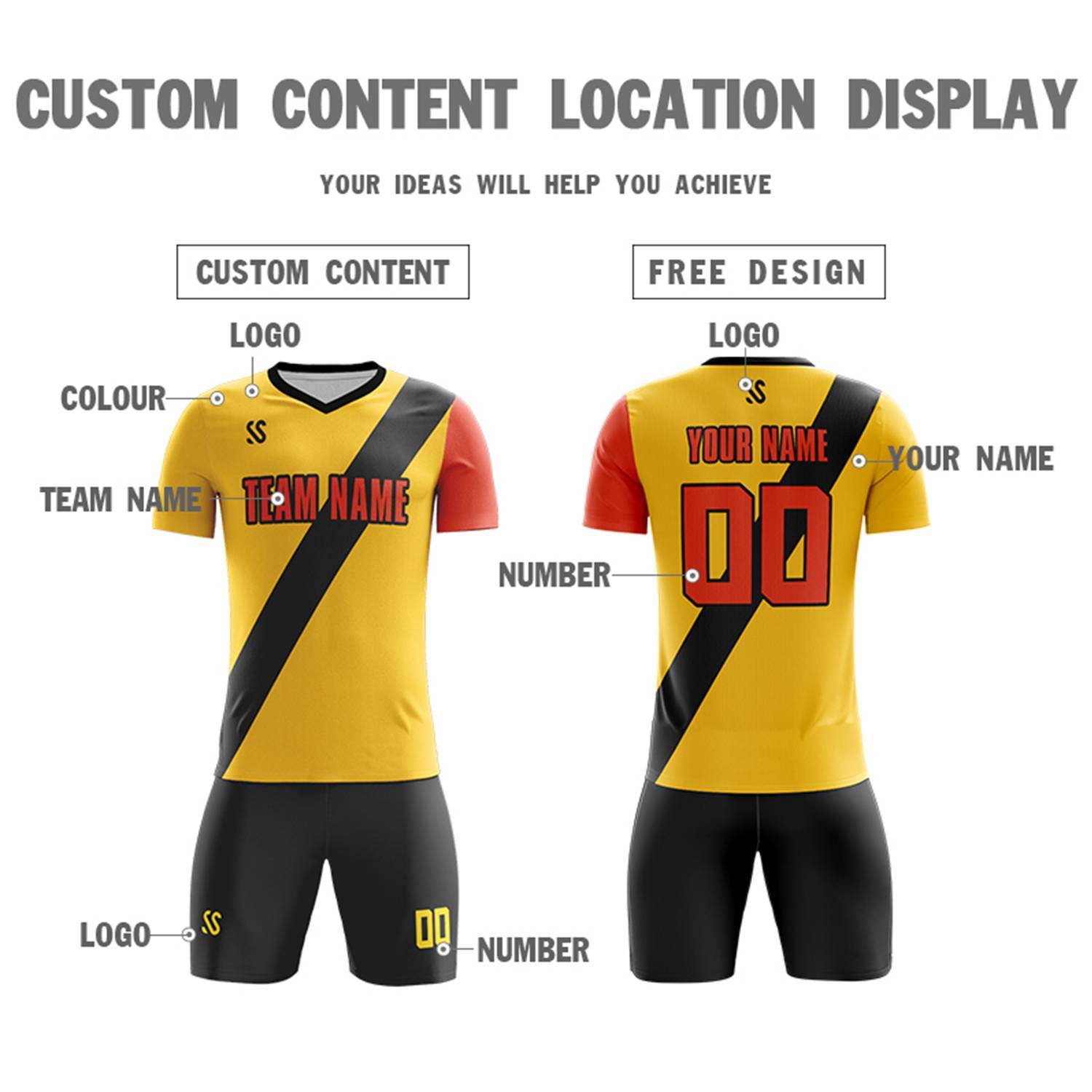 Custom Yellow Red Casual Printing Sportswear Soccer Sets Jersey