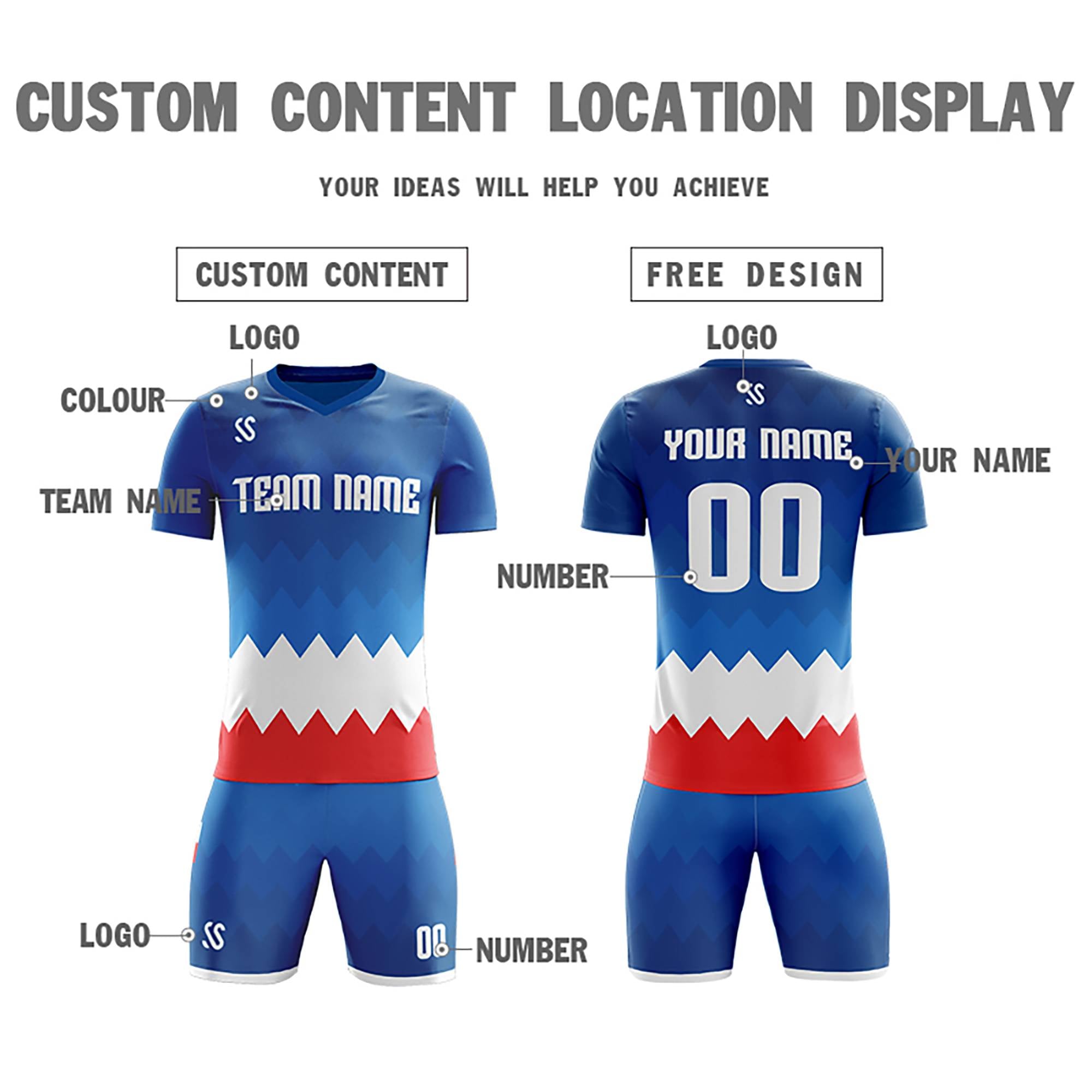 Custom Royal White Casual Printing Sportswear Soccer Sets Jersey