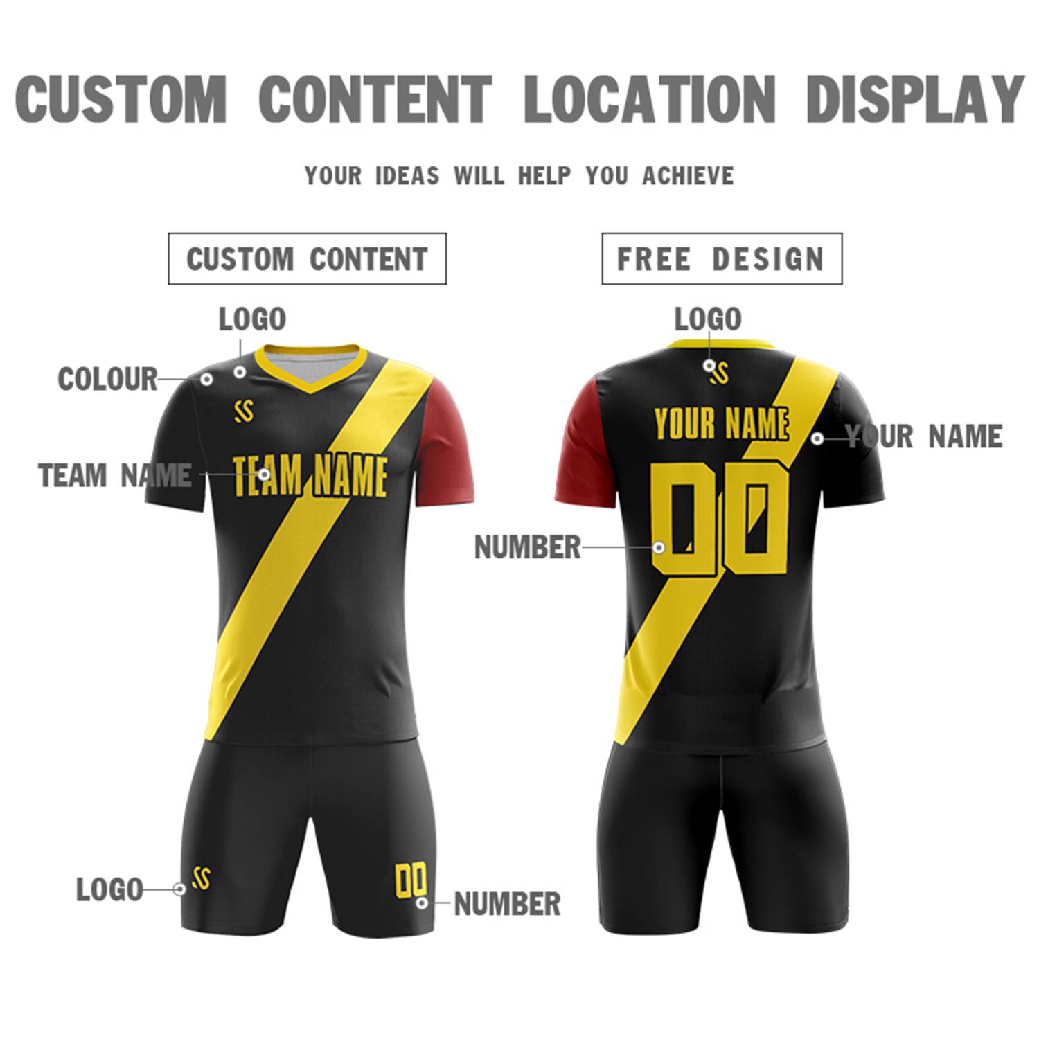 Custom Black Yellow Casuall Printing Sportswear Soccer Sets Jersey