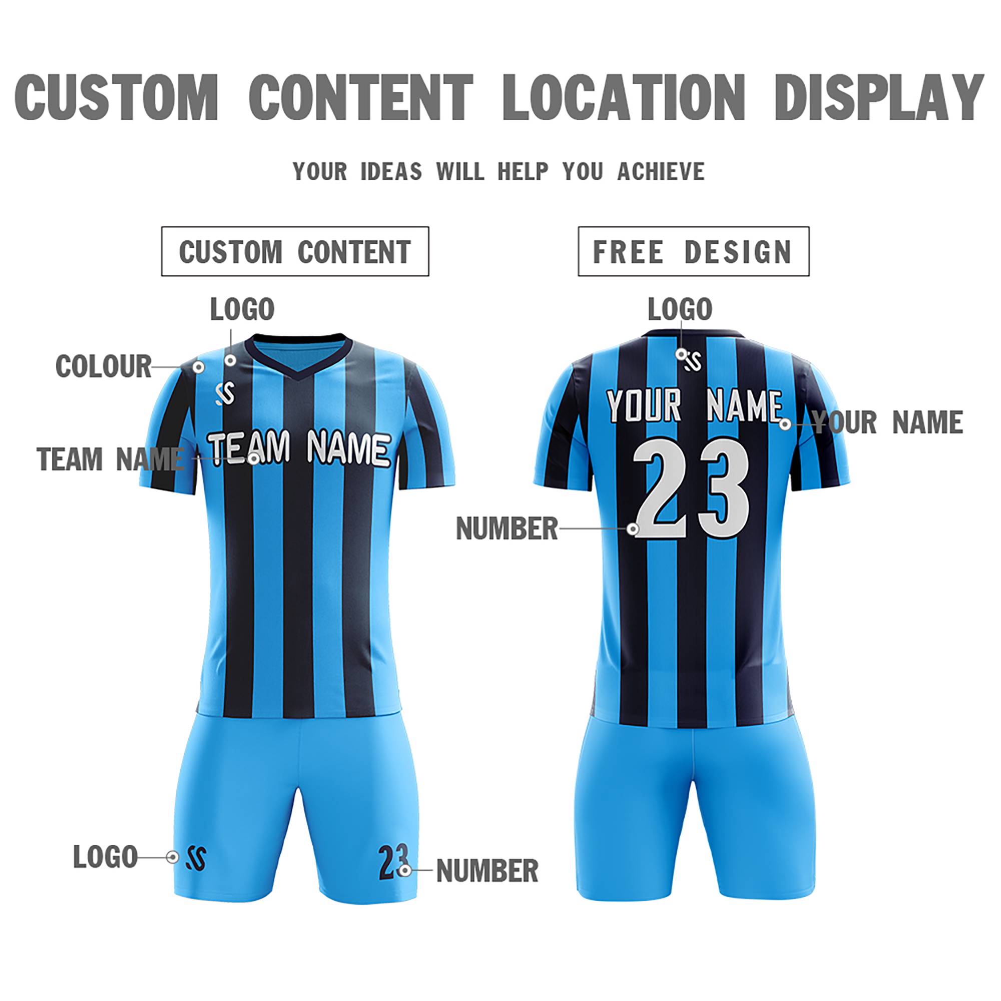 Custom Light Blue White Printing Sportswear Soccer Sets Jersey