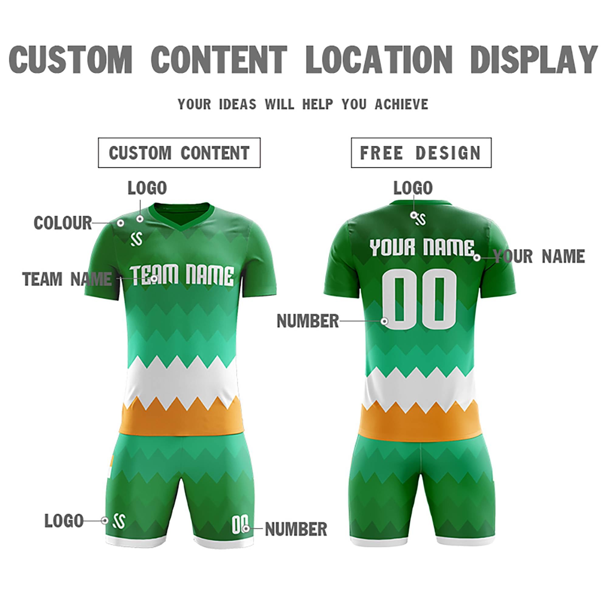 Custom Green White Casual Printing Sportswear Soccer Sets Jersey