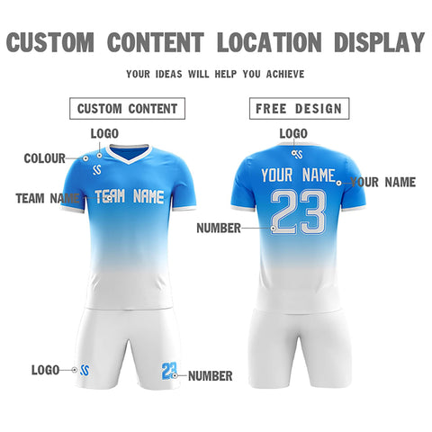 Custom Light Blue White Casual Printing Sportswear Soccer Sets Jersey