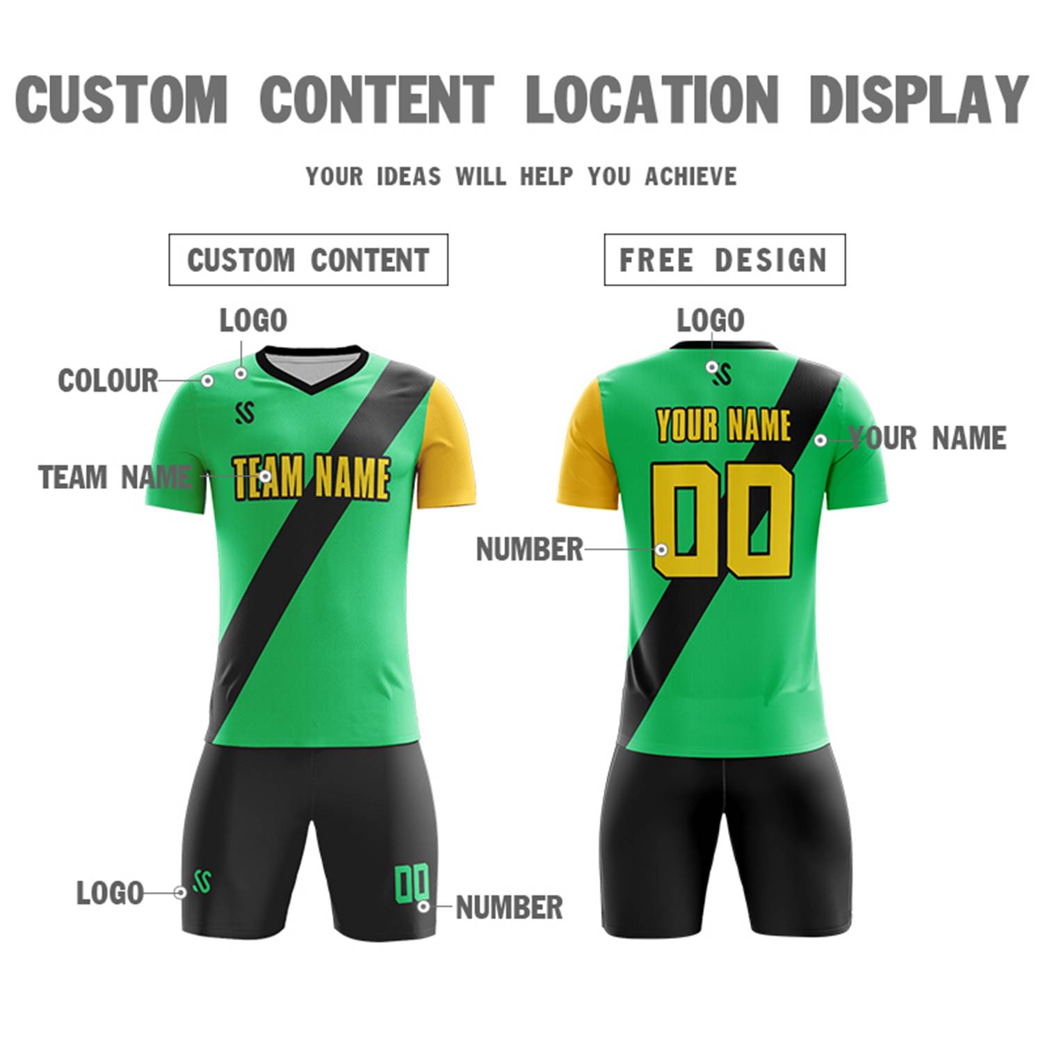 Custom Green Yellow Casuall Printing Sportswear Soccer Sets Jersey