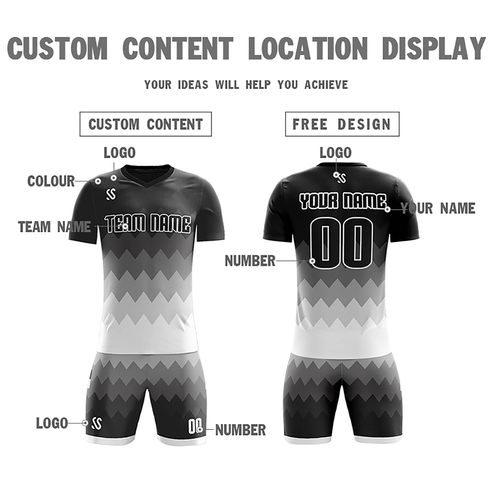 Custom Black Casual Printing Sportswear Soccer Sets Jersey