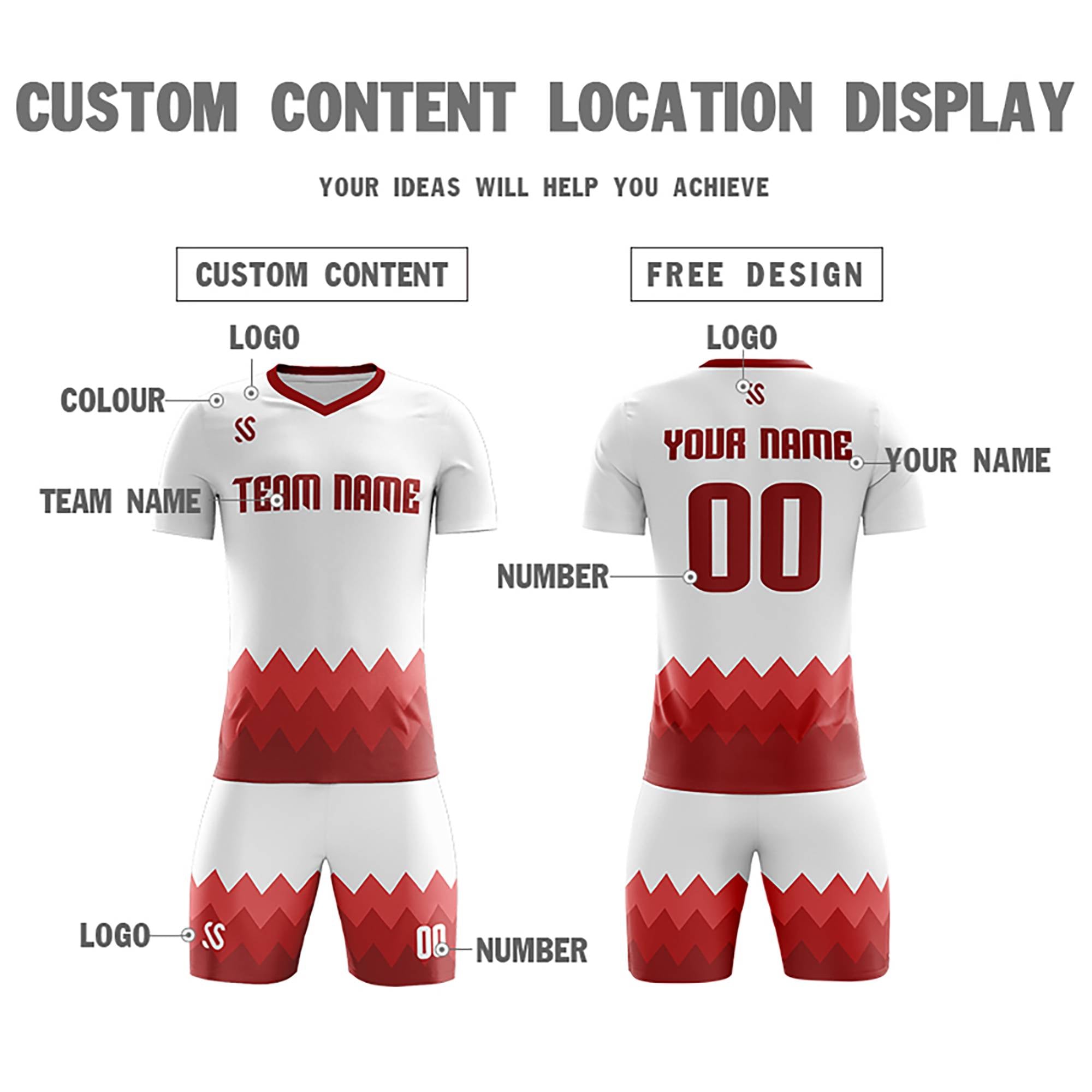 Custom White Red Casual Printing Sportswear Soccer Sets Jersey