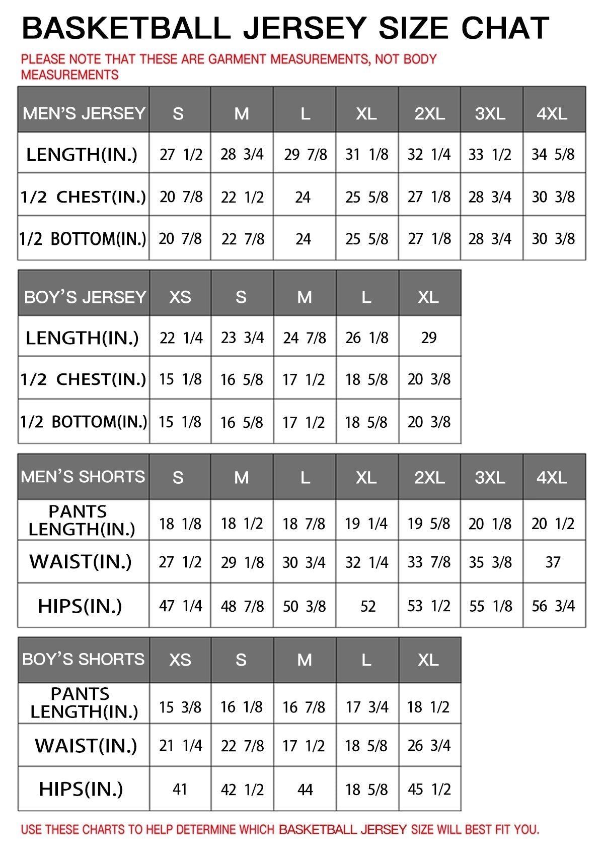 Size Charts for Custom Sports Uniforms