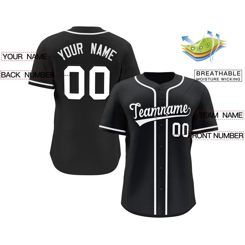 Custom Black White Classic Style Button Down Authentic Baseball Jersey