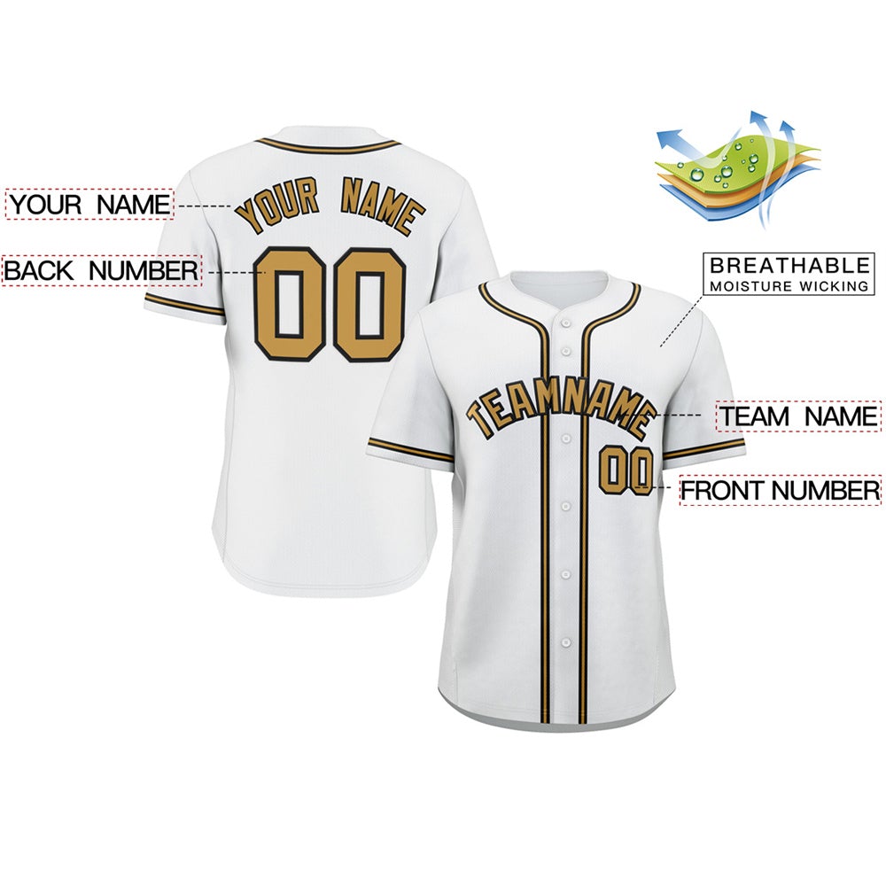 Maillot de baseball authentique boutonné de style classique blanc vieux or-marine personnalisé