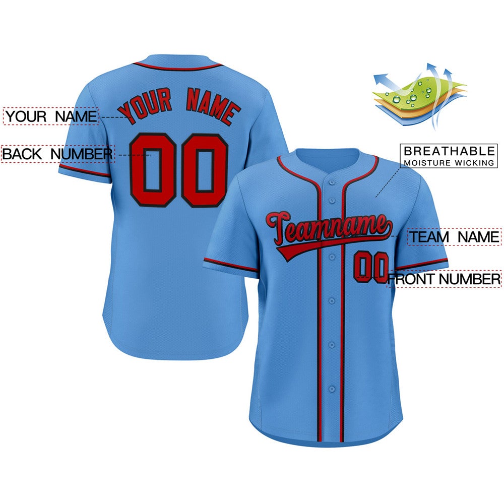 Maillot de baseball authentique de style classique personnalisé bleu clair rouge-noir