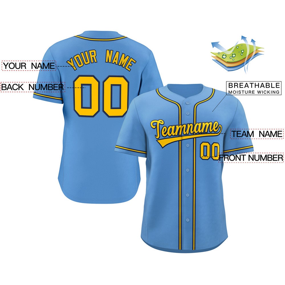 Custom Light Blue Gold-Navy Classic Style Authentic Baseball Jersey