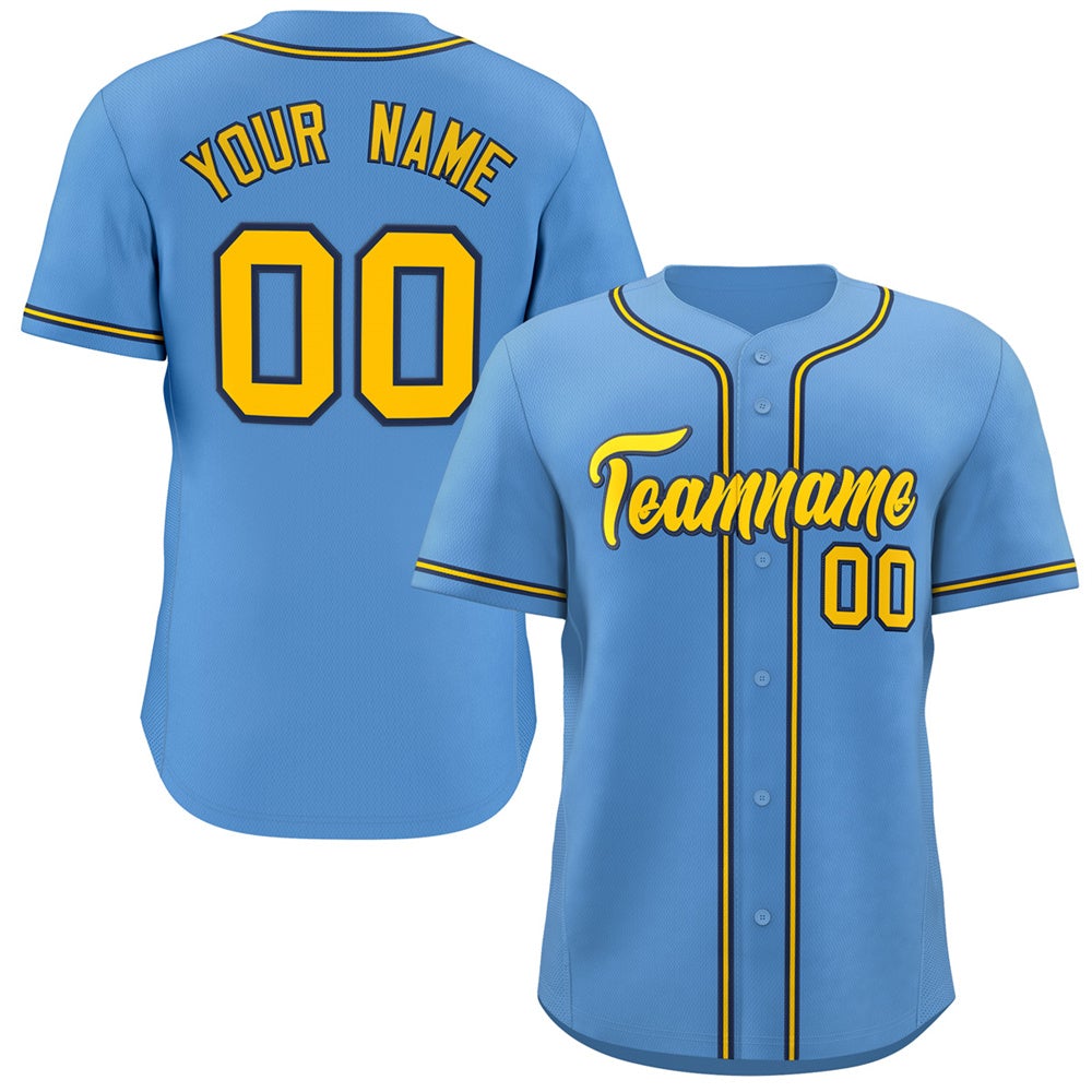 Maillot de baseball personnalisé authentique, bleu clair, jaune-marine, style classique