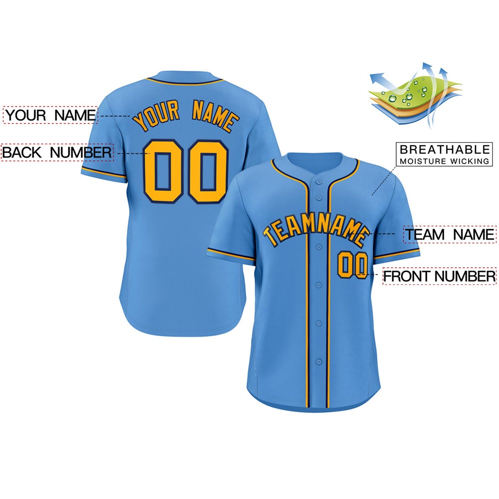 Maillot de baseball authentique boutonné de style classique bleu clair jaune-marine personnalisé