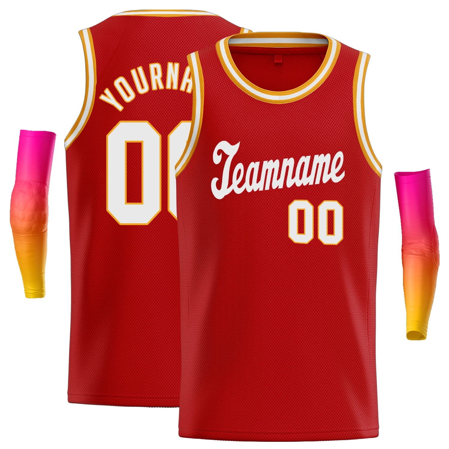 Maillot de basket-ball en maille personnalisé, rouge blanc-jaune, hauts classiques