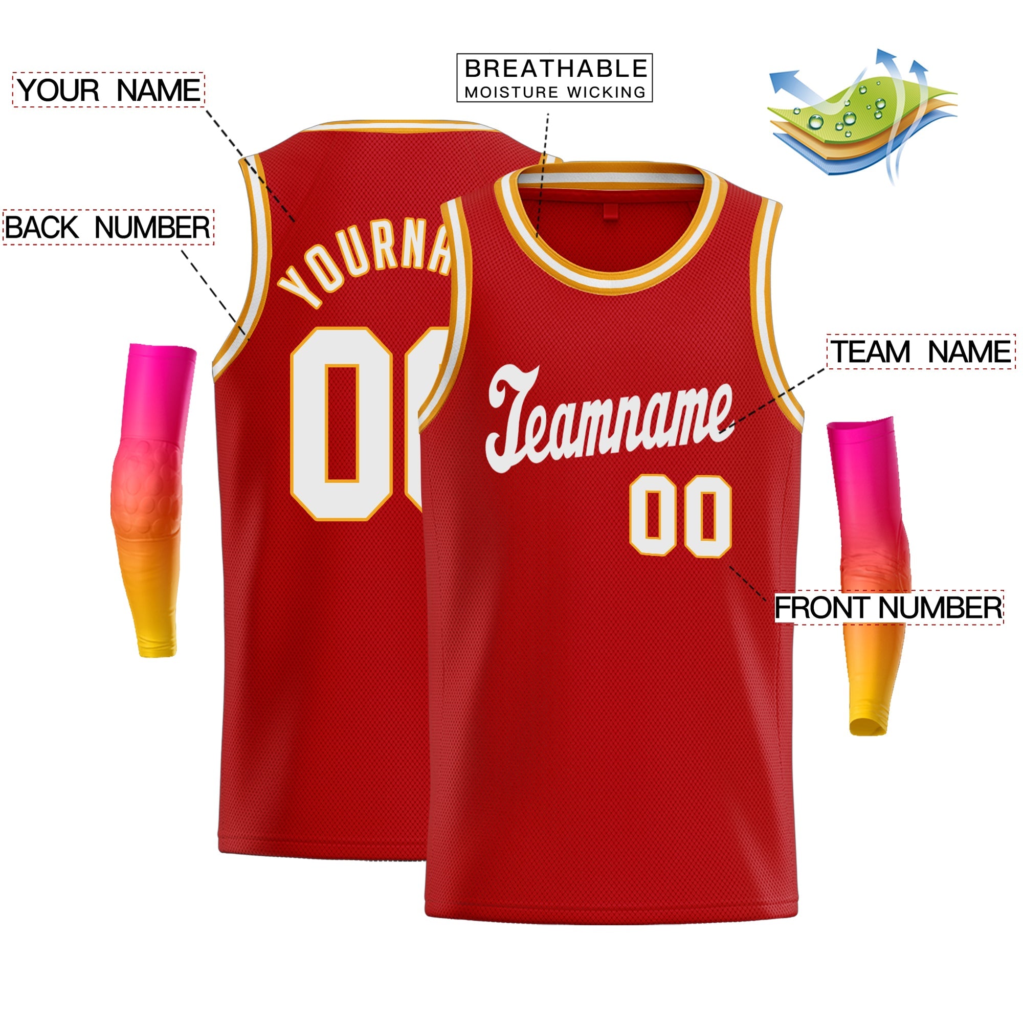 Maillot de basket-ball en maille personnalisé, rouge blanc-jaune, hauts classiques