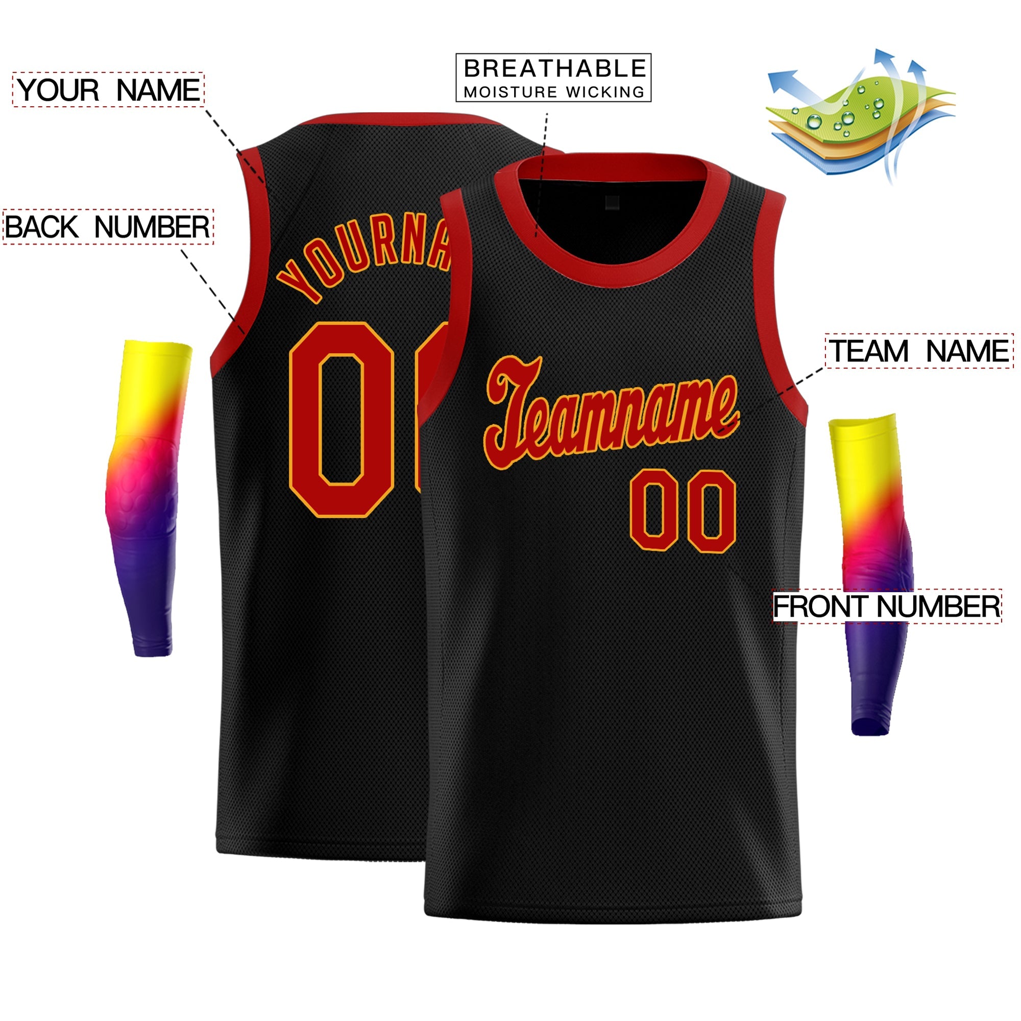 Custom Black Red-Yellow Classic Tops Breathable Basketball Jersey