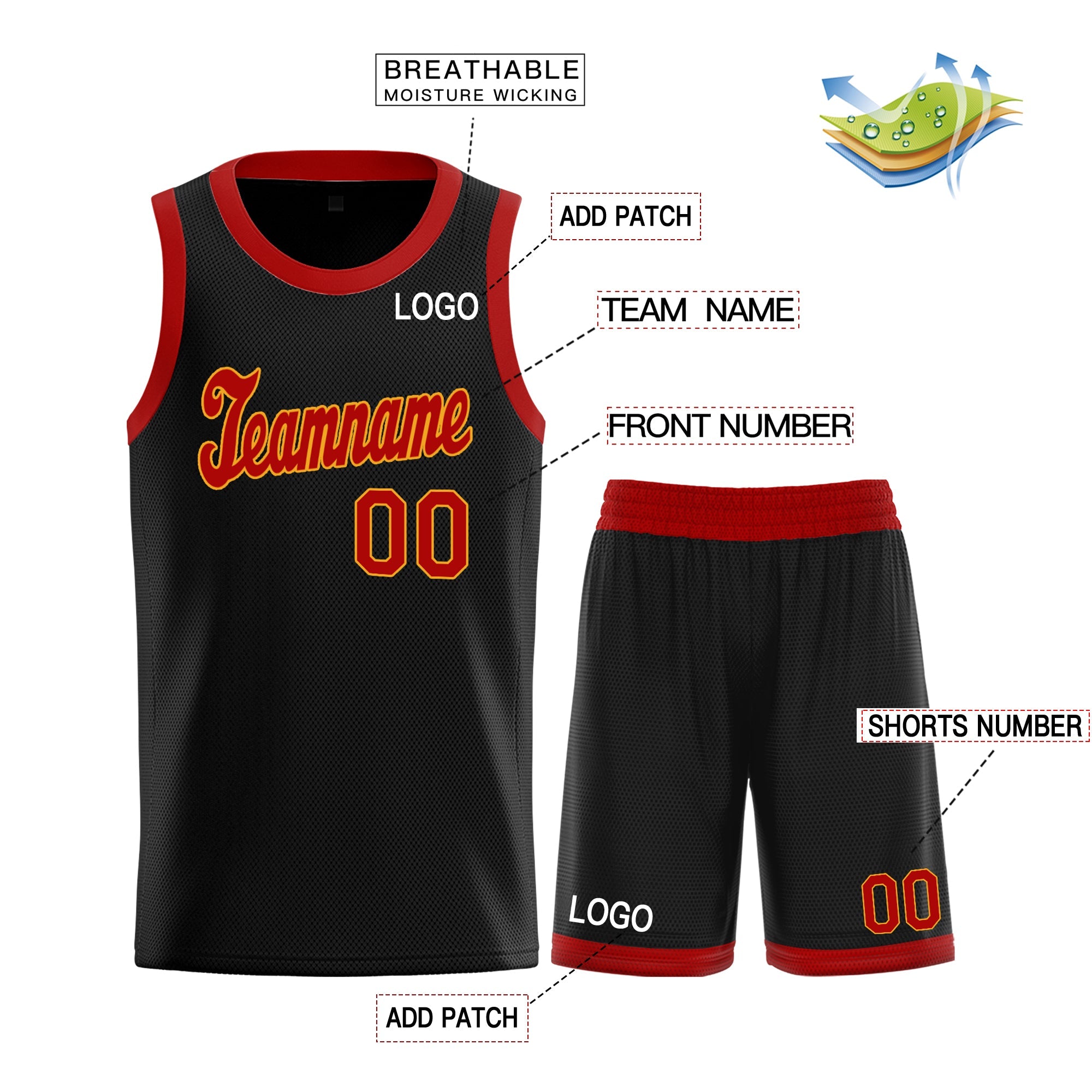 Maillot de basket-ball personnalisé noir rouge-jaune, ensembles classiques