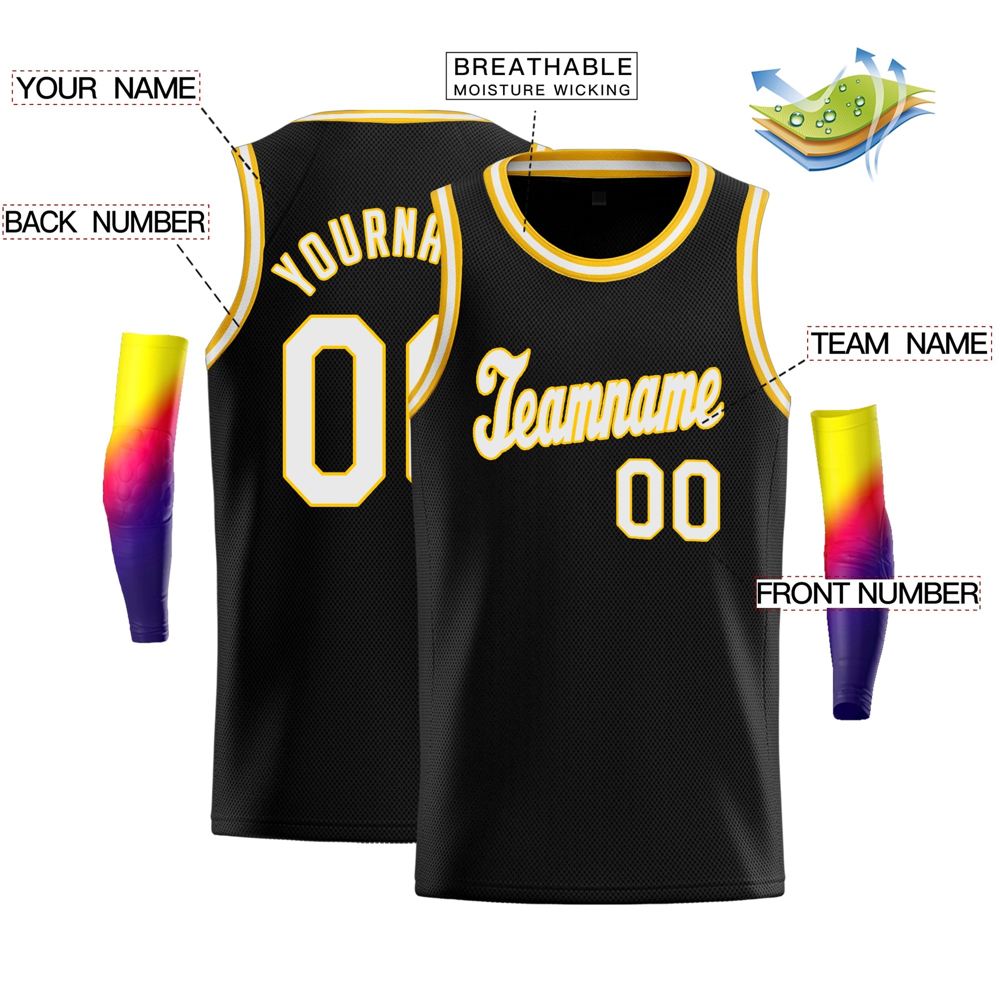 Maillot de basket-ball de jeu de Sport, haut classique personnalisé noir blanc-jaune