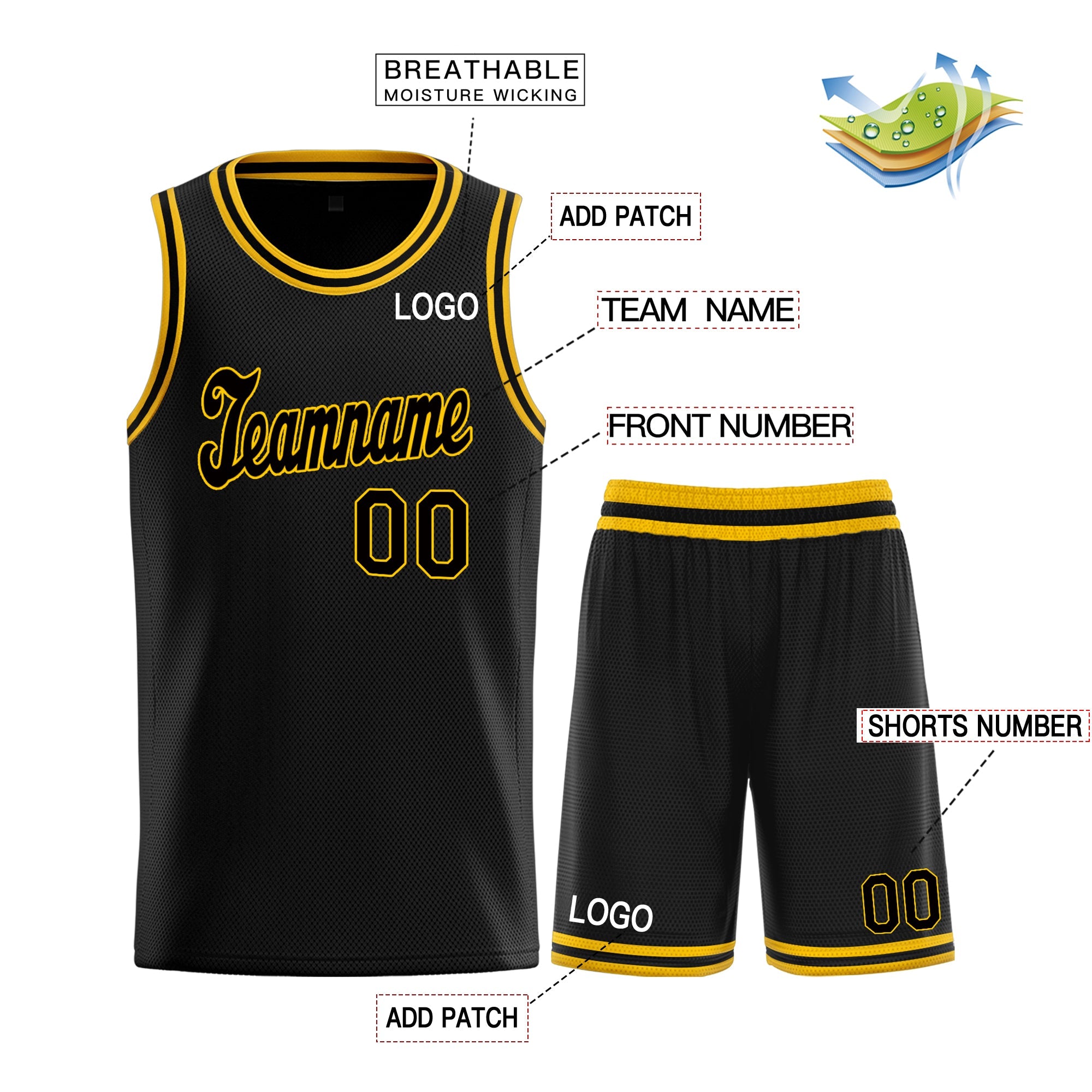 Maillot de basket-ball personnalisé noir jaune classique