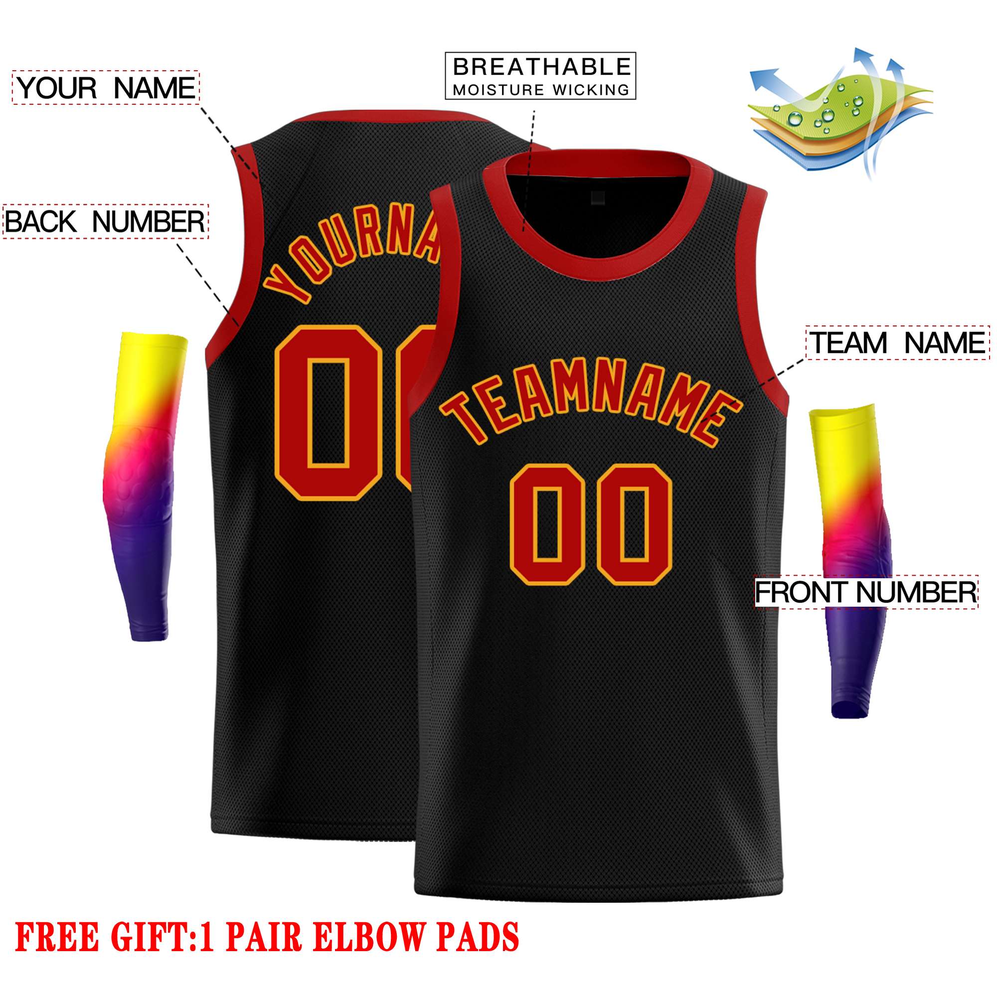 Custom Black Red-Yellow Classic Tops Casual Basketball Jersey