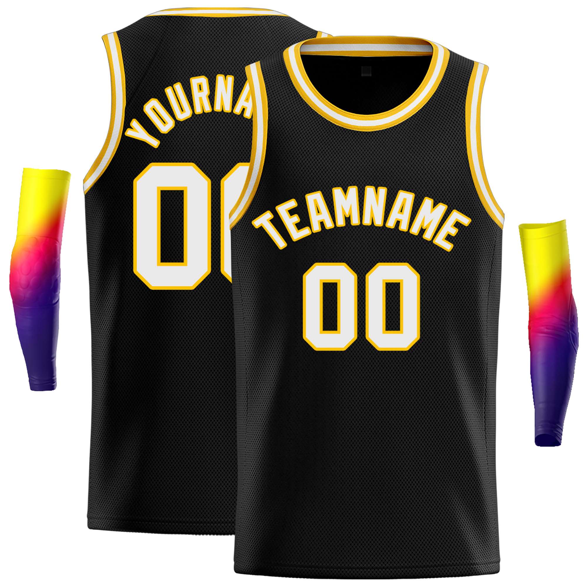 Maillot de basket-ball décontracté, haut classique personnalisé noir blanc-jaune