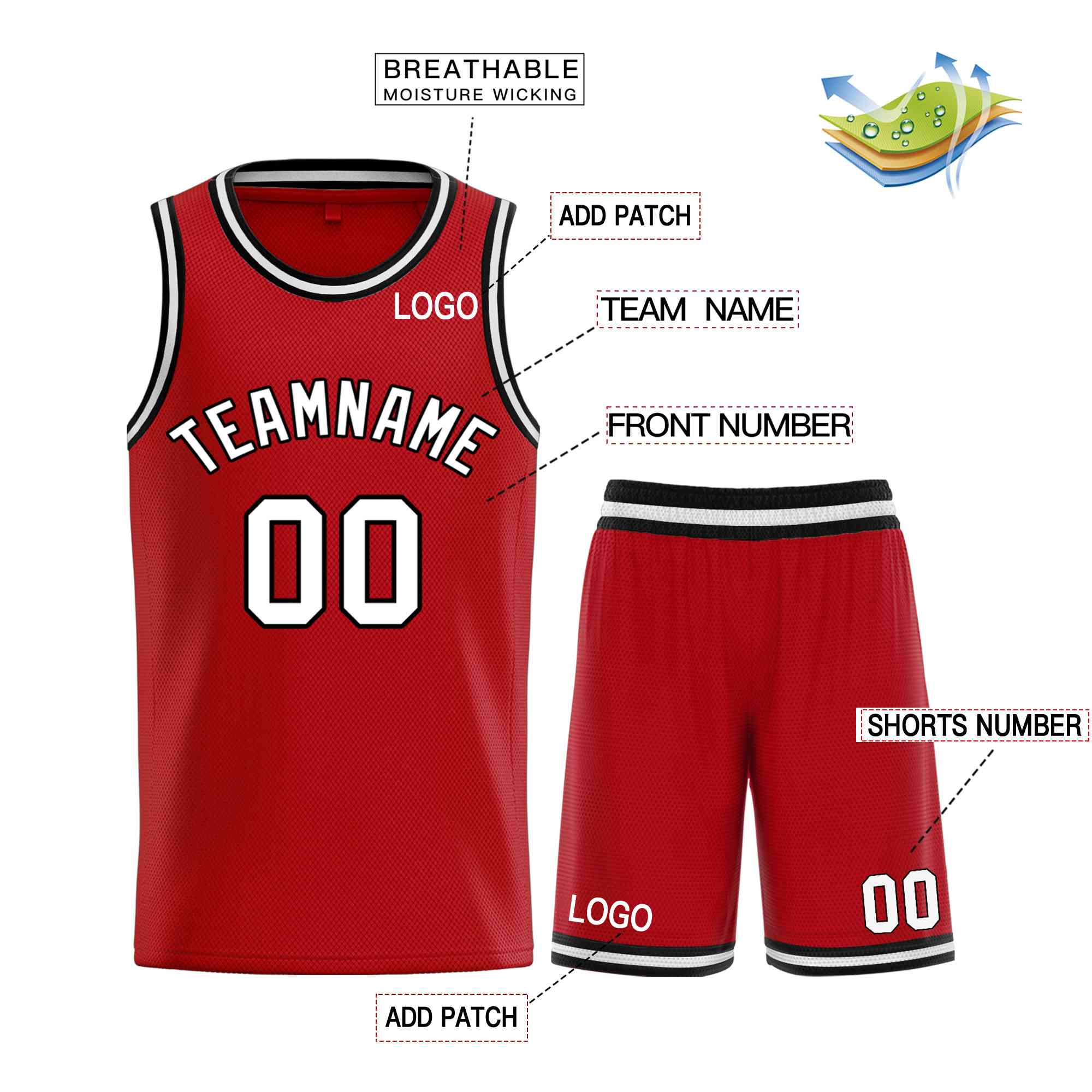 Maillot de basket-ball incurvé personnalisé, ensembles classiques rouge blanc-noir