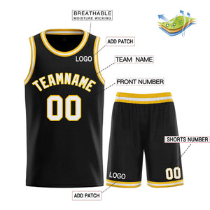 Maillot de basket-ball incurvé personnalisé noir blanc-jaune, ensembles classiques