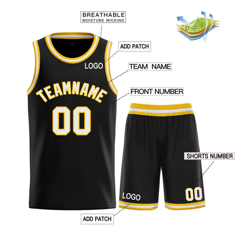 Custom Black White-Yellow Classic Sets Curved Basketball Jersey