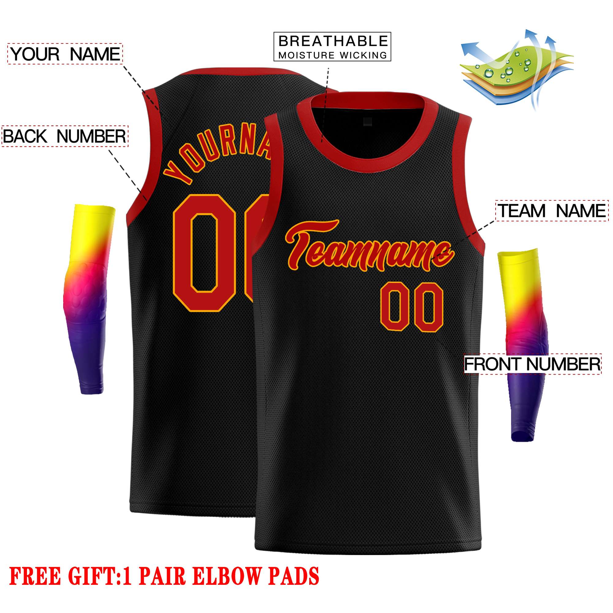 Custom Black Red-Yellow Classic Tops Casual Basketball Jersey