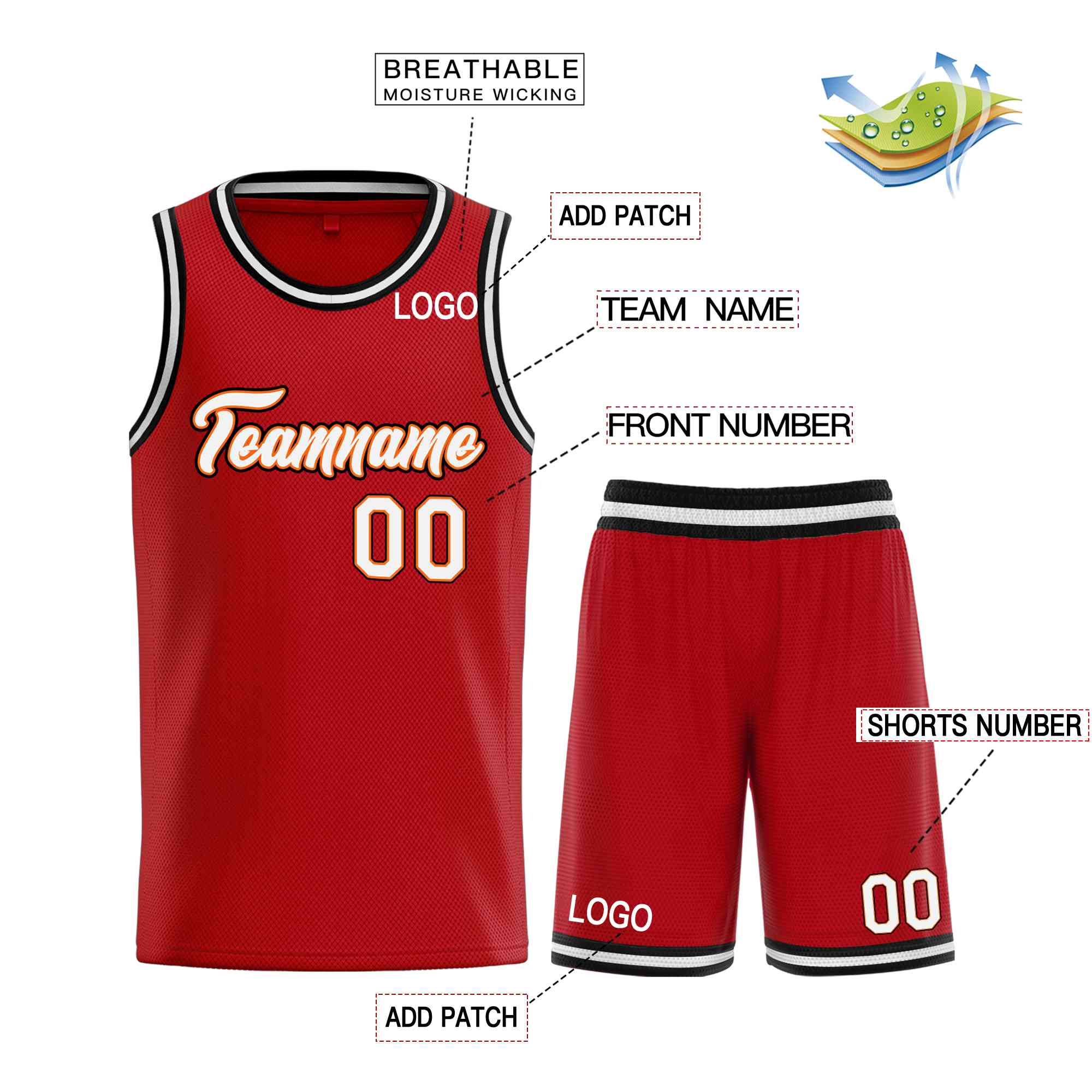 Uniforme de sport personnalisé rouge blanc-Orange, ensembles classiques de basket-ball, maillot de basket-ball