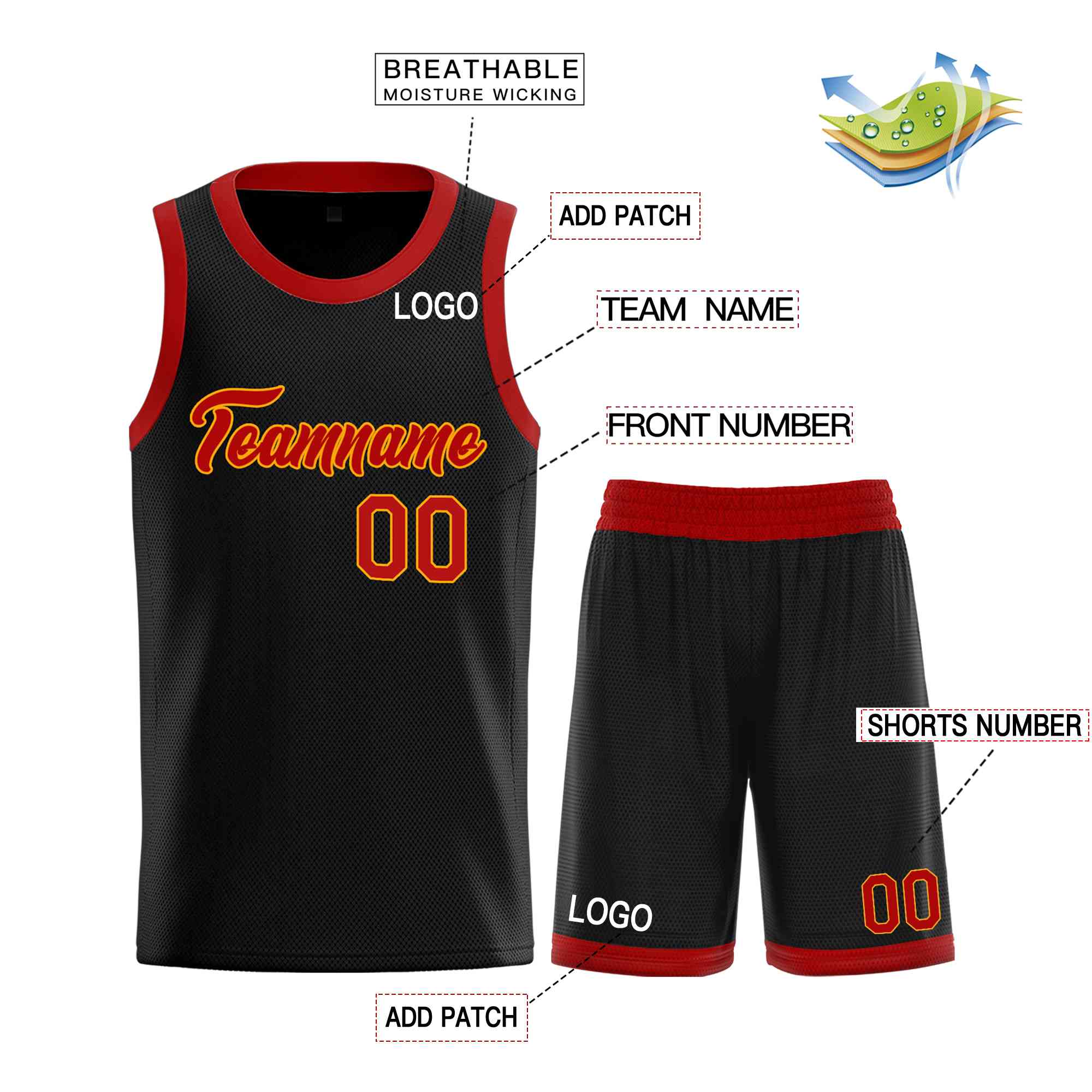 Uniforme de sport personnalisé noir rouge-jaune, ensembles classiques de basket-ball, maillot de basket-ball