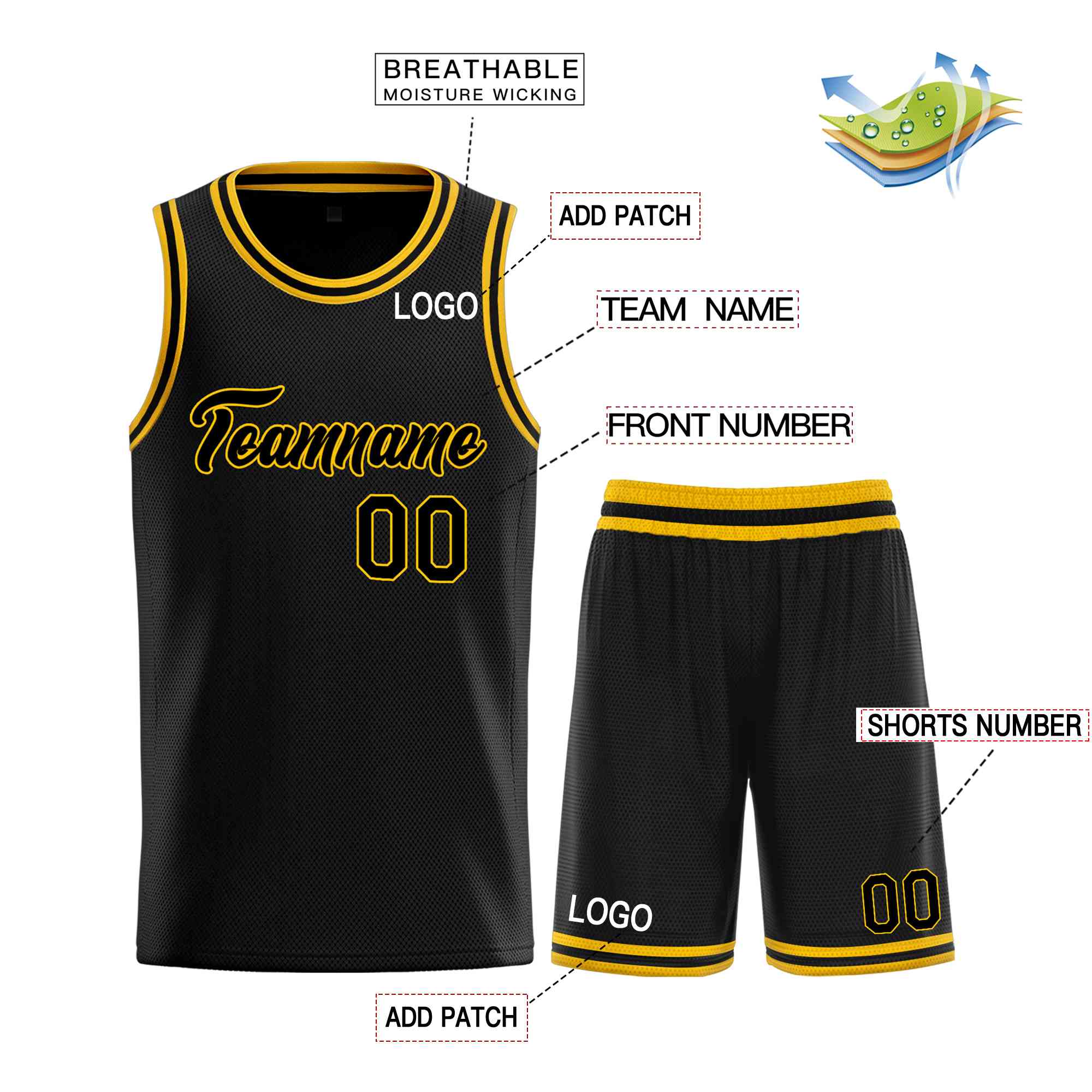 Le classique uniforme de sport de guérison jaune noir personnalisé définit le maillot de basket-ball