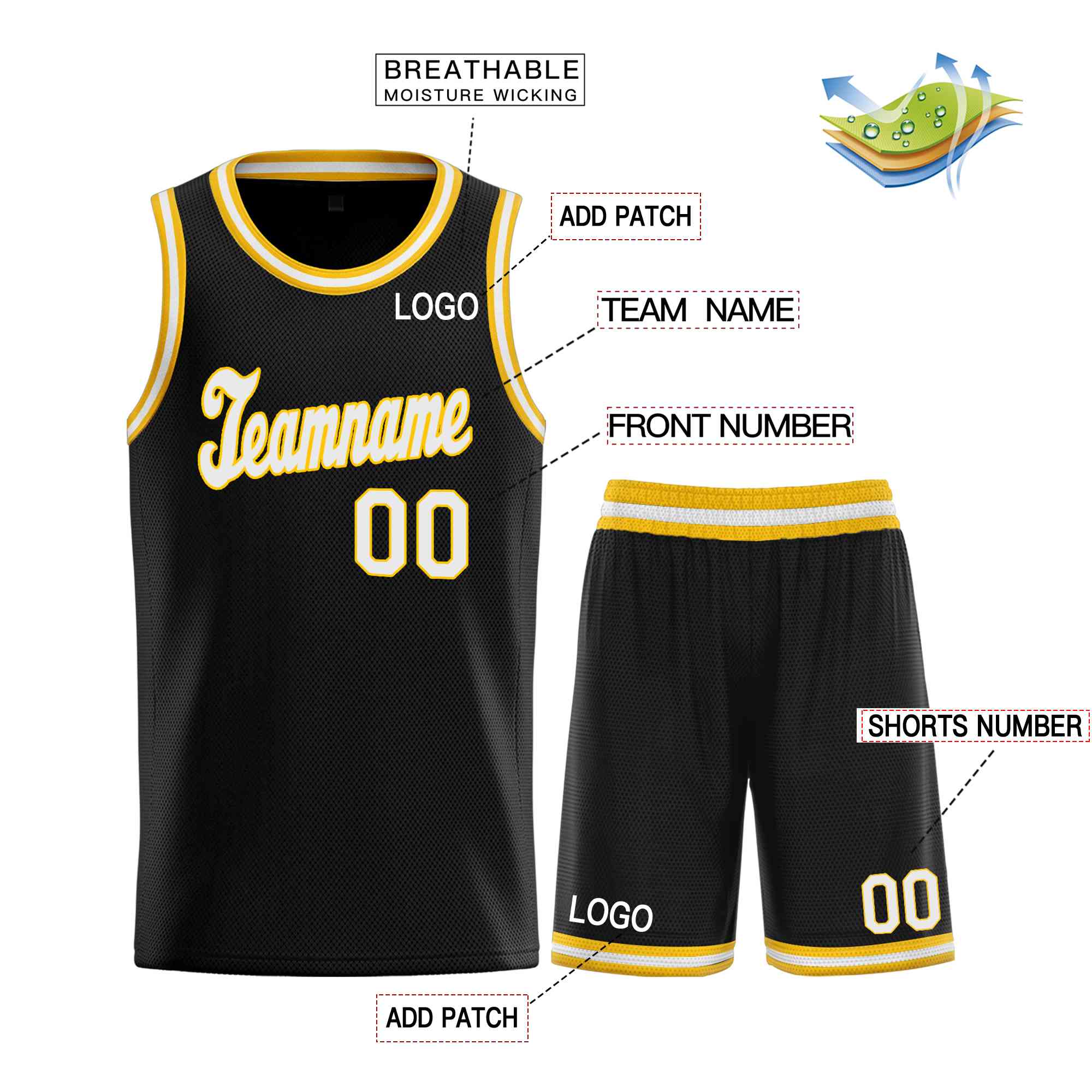 Ensembles classiques personnalisés noir blanc-jaune, maillot de basket-ball uniforme de sport