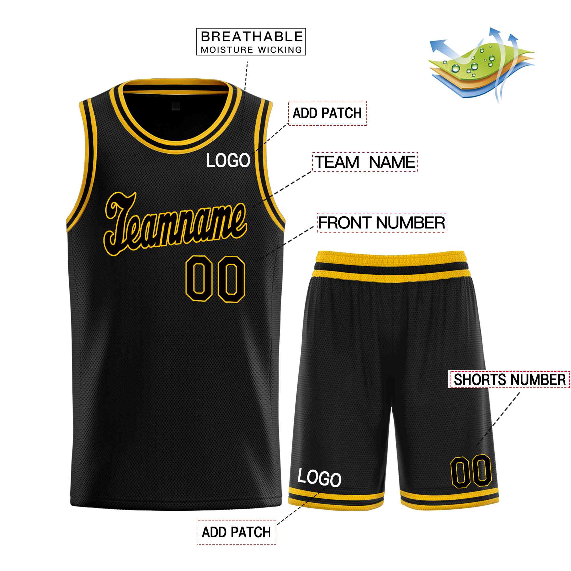 Custom Black Yellow Classic Sets Sports Uniform Basketball Jersey