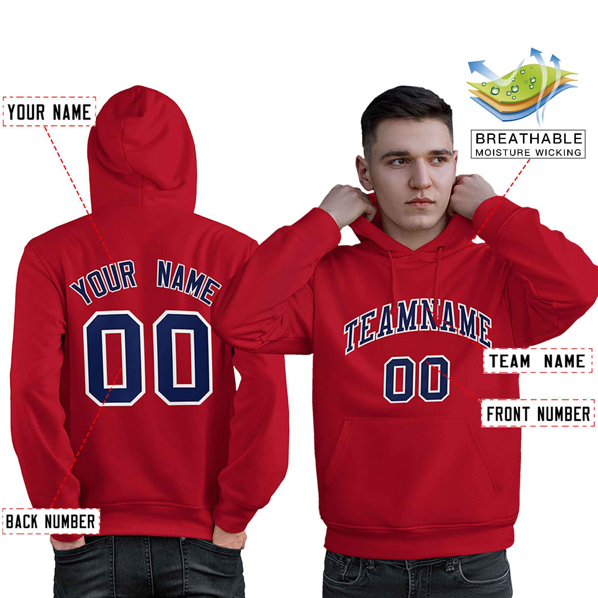 Custom Red Navy-White Classic Style Personalized Sport Pullover Hoodie