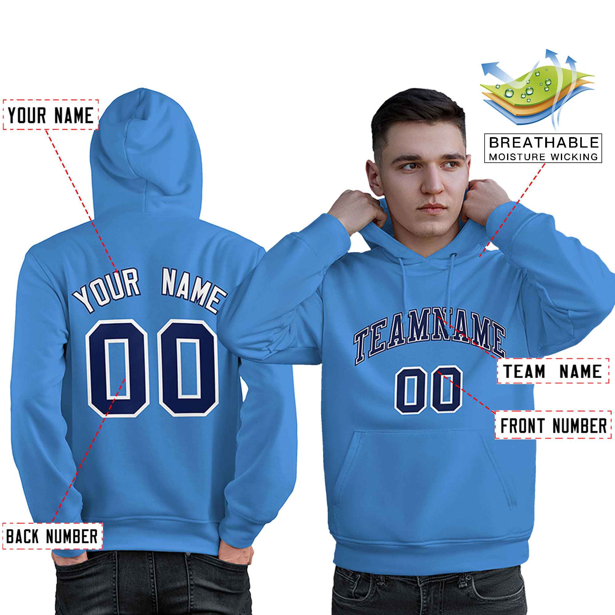 Custom Light Blue Royal-White Classic Style Personalized Sport Pullover Hoodie