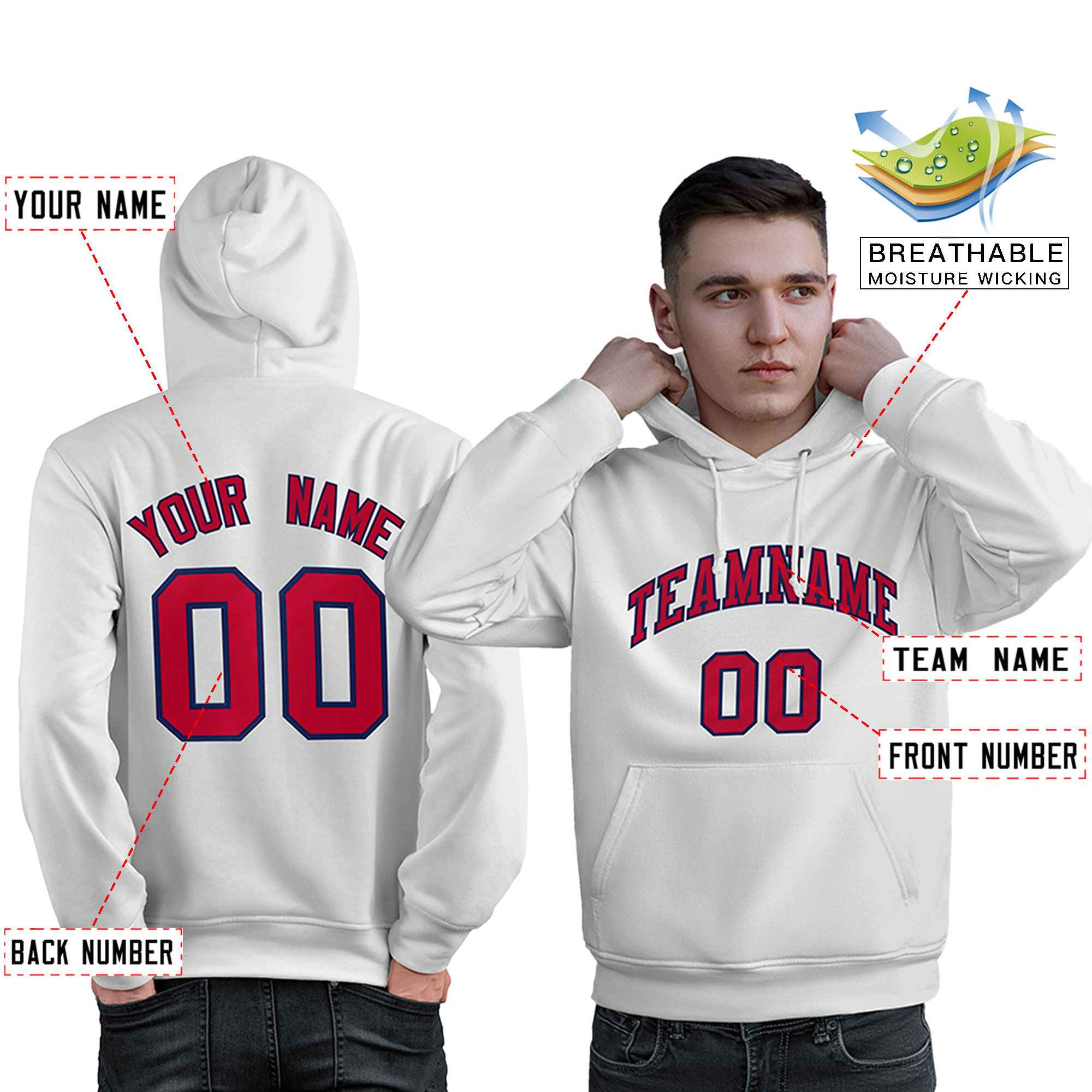 Custom White Red-Navy Classic Style Personalized Sport Pullover Hoodie