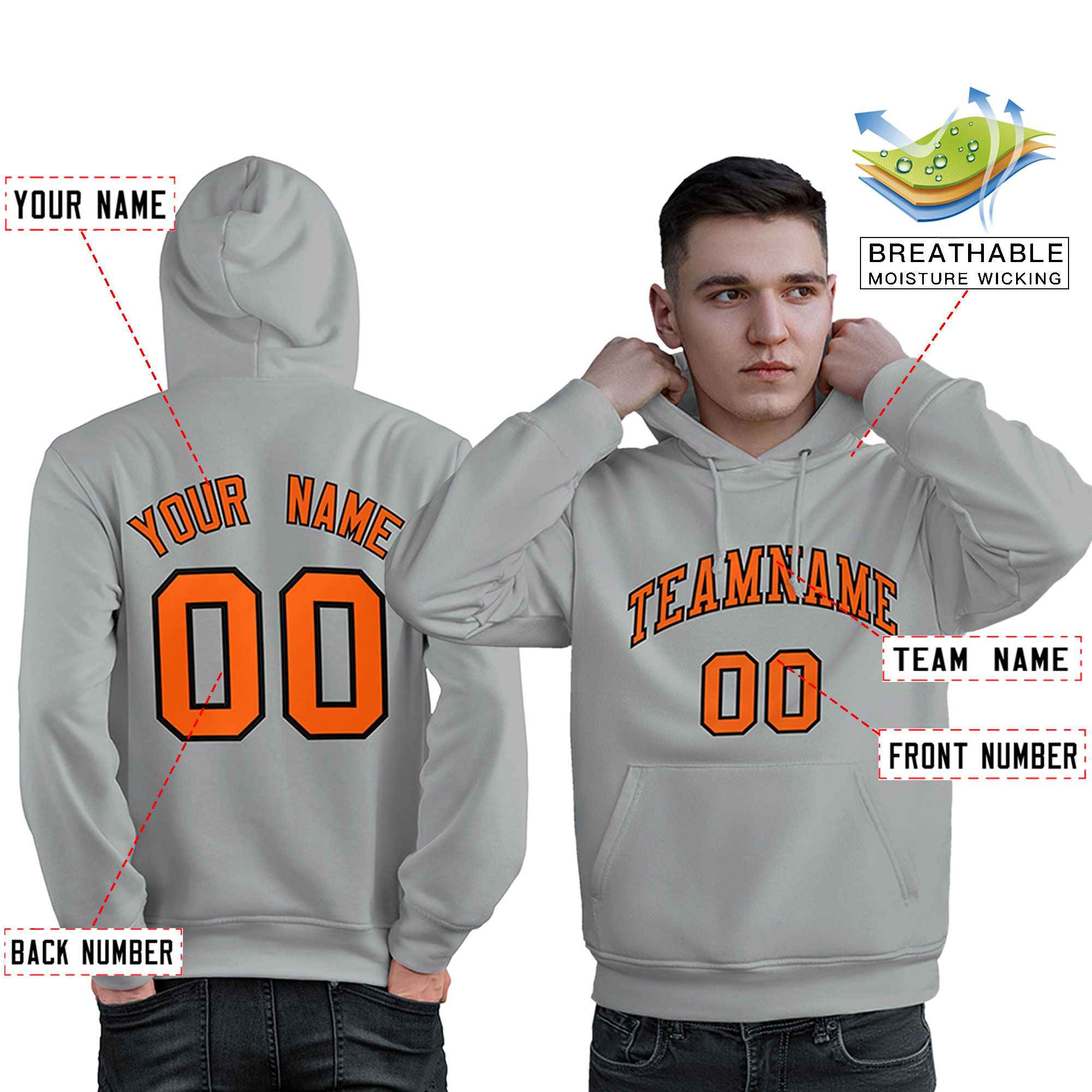 Custom Gray Orange-Black Classic Style Personalized Sport Pullover Hoodie