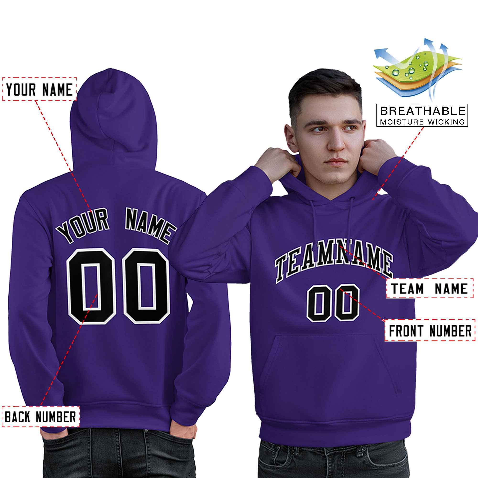 Custom Purple Black-White Classic Style Personalized Sport Pullover Hoodie