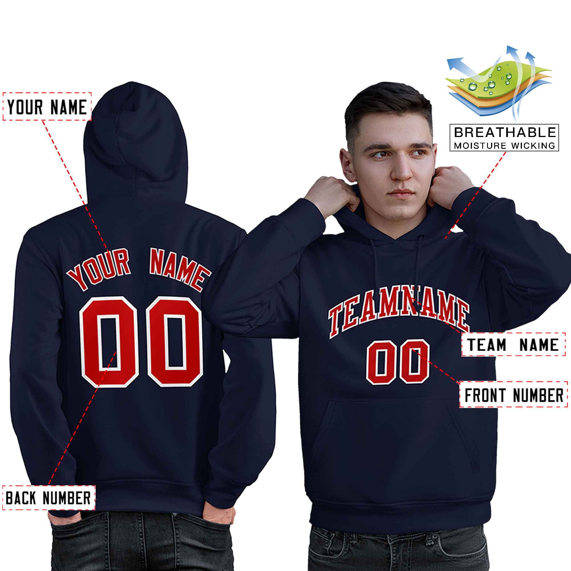 Custom Navy Red-White Classic Style Personalized Sport Pullover Hoodie