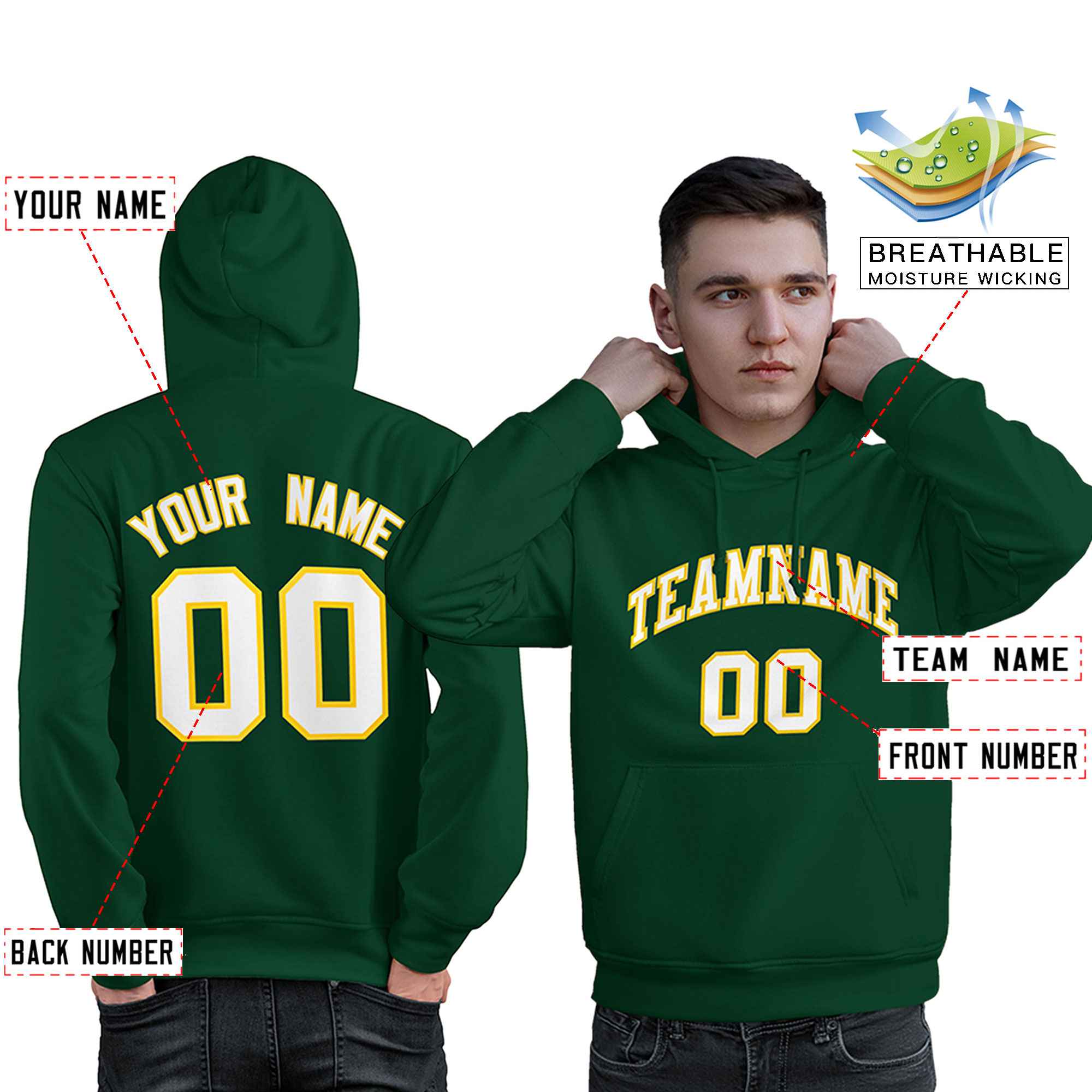 Custom Kelly Green White-Gold Classic Style Personalized Sport Pullover Hoodie