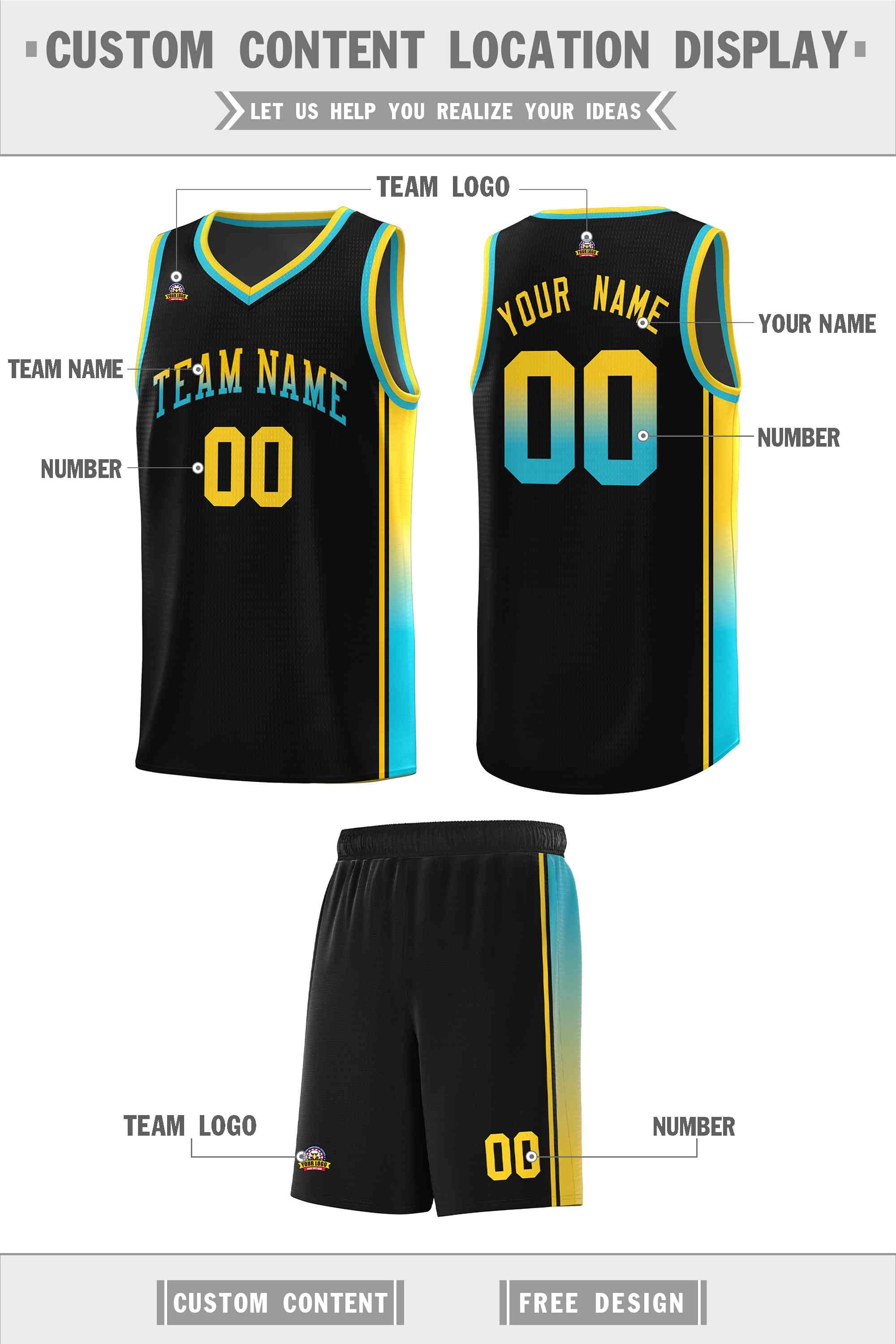 Custom Black Gold-Light Blue Gradient Fashion Sports Uniform Basketball Jersey