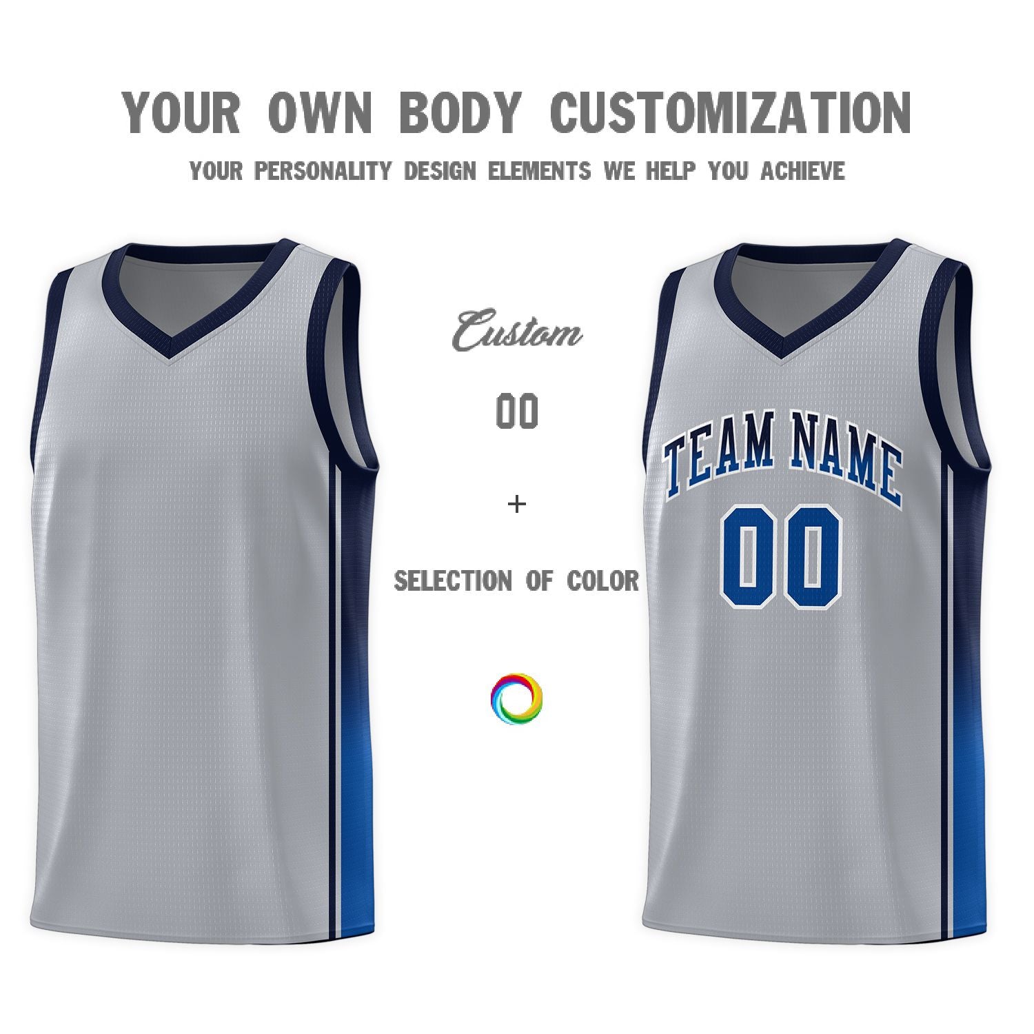 Custom Gray Navy-Royal Gradient Fashion Sports Uniform Basketball Jersey