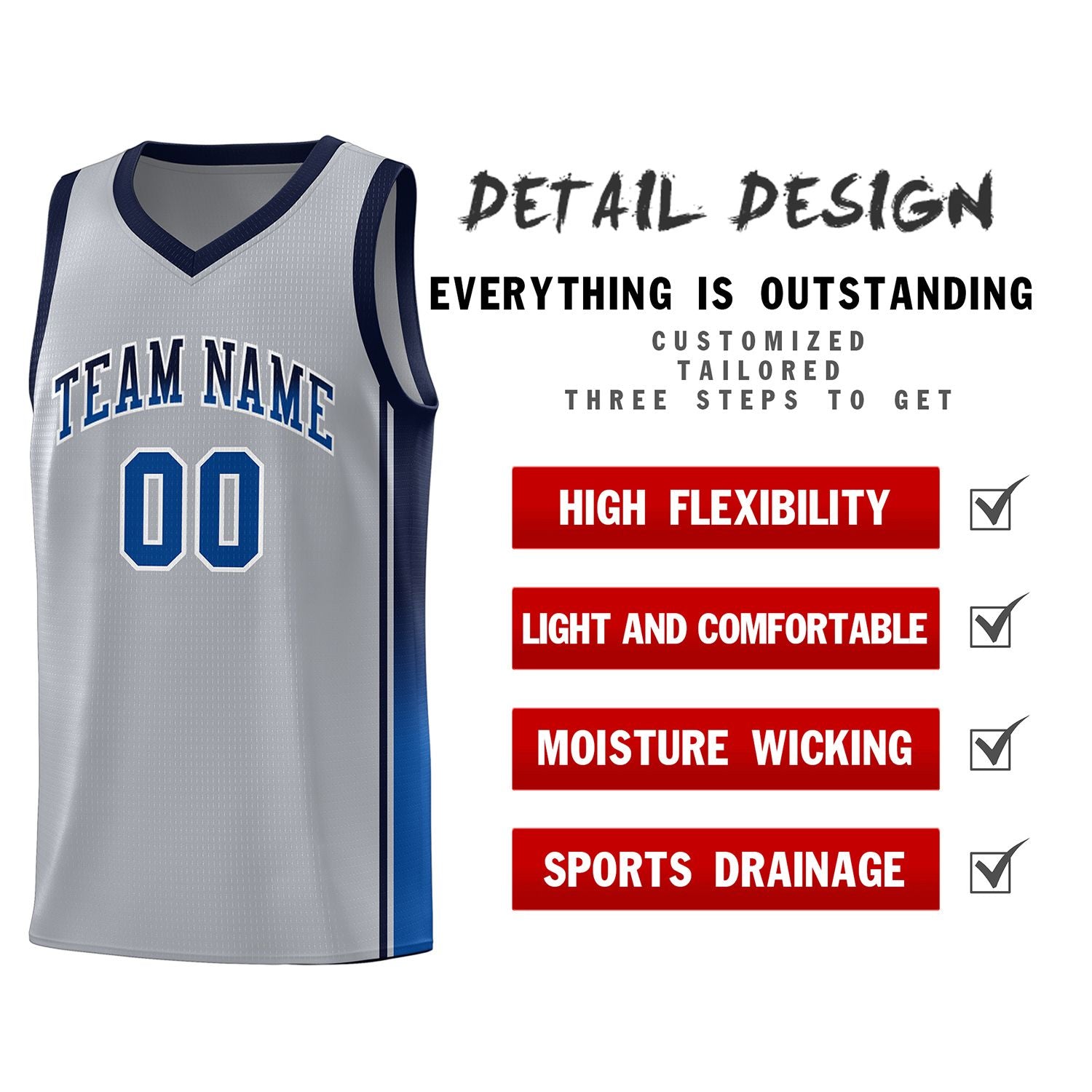 Custom Gray Navy-Royal Gradient Fashion Sports Uniform Basketball Jersey