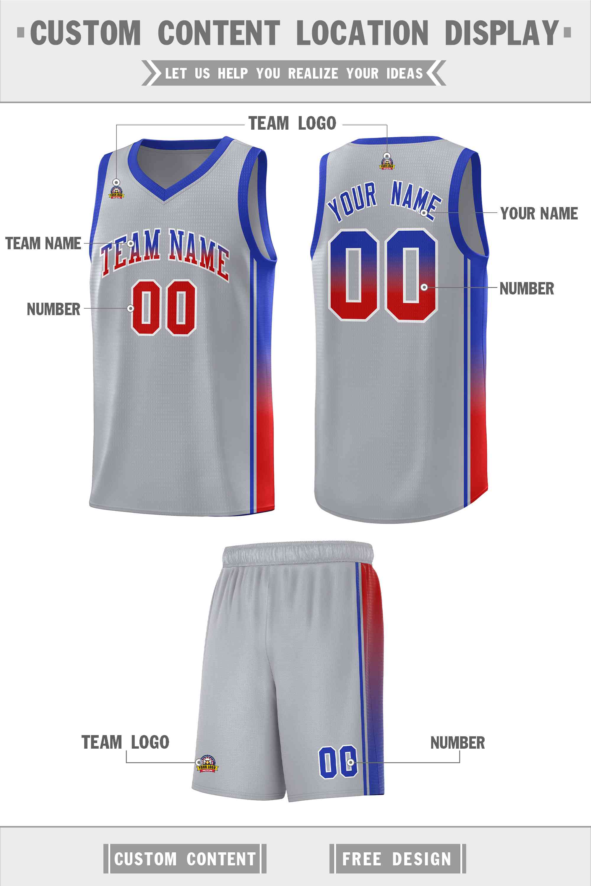 Custom Gray Red-Royal Gradient Fashion Sports Uniform Basketball Jersey