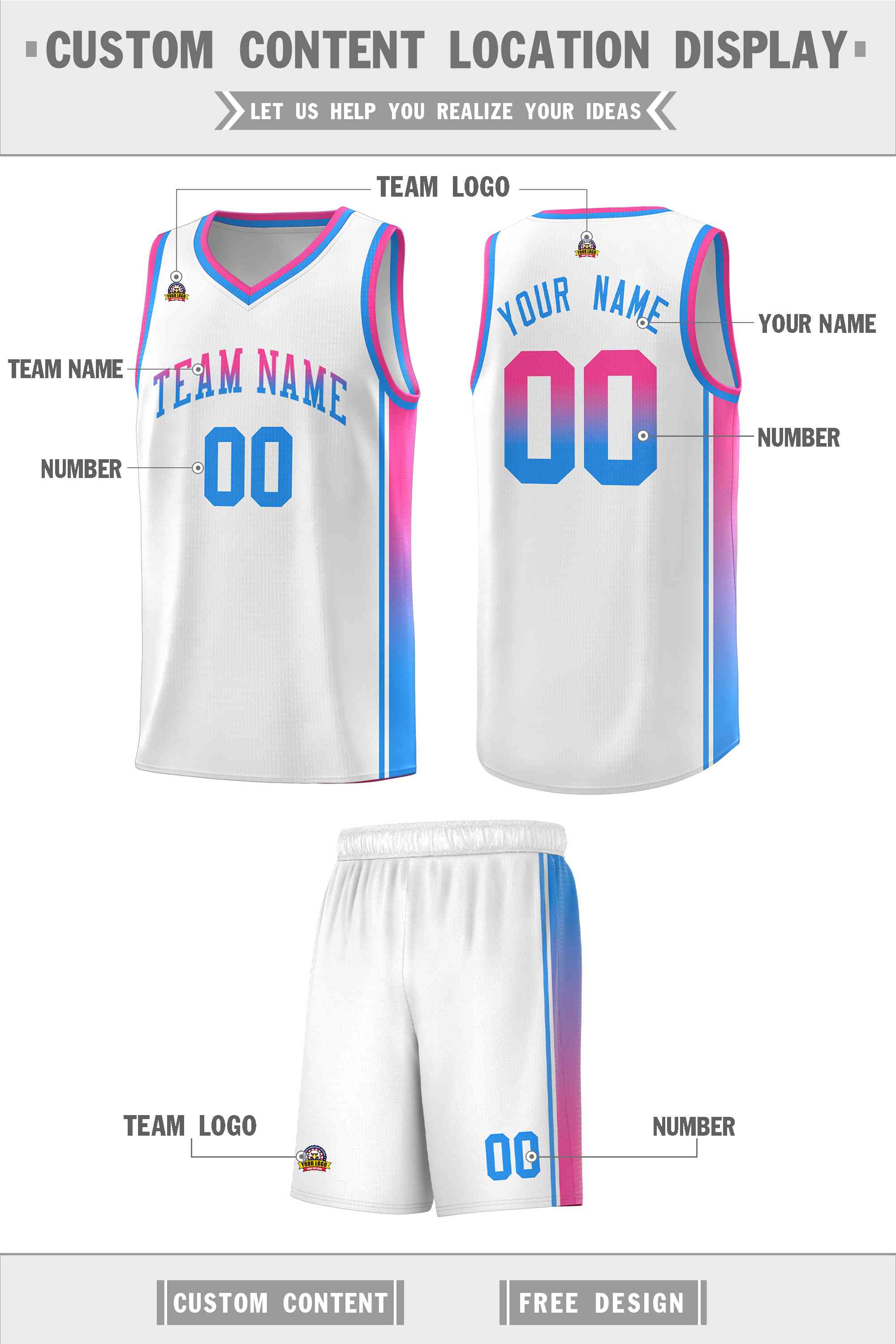 Custom White Pink-Powder Blue Gradient Fashion Sports Uniform Basketball Jersey